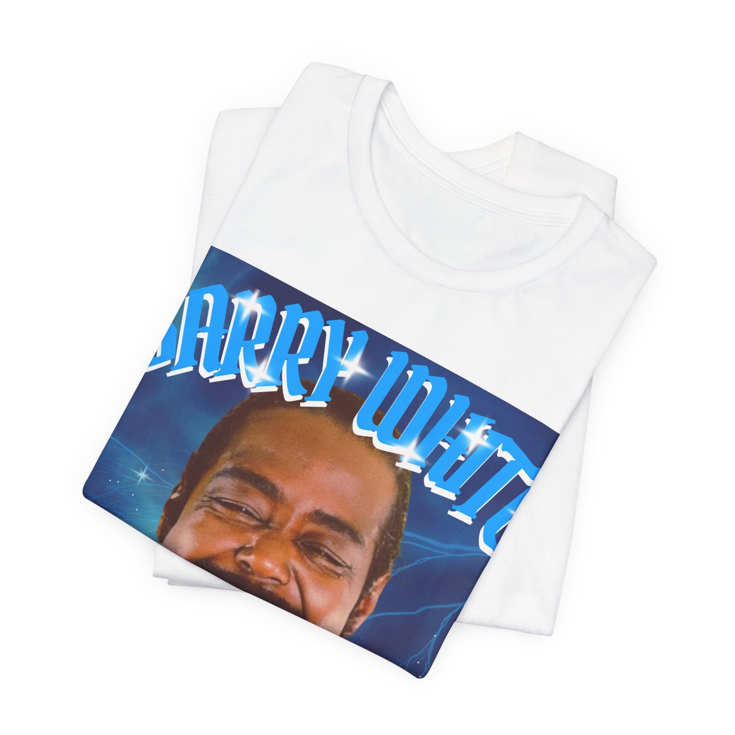 A black graphic t-shirt featuring a vintage 70s-style graphic of Barry White, emphasizing his smooth, iconic look.