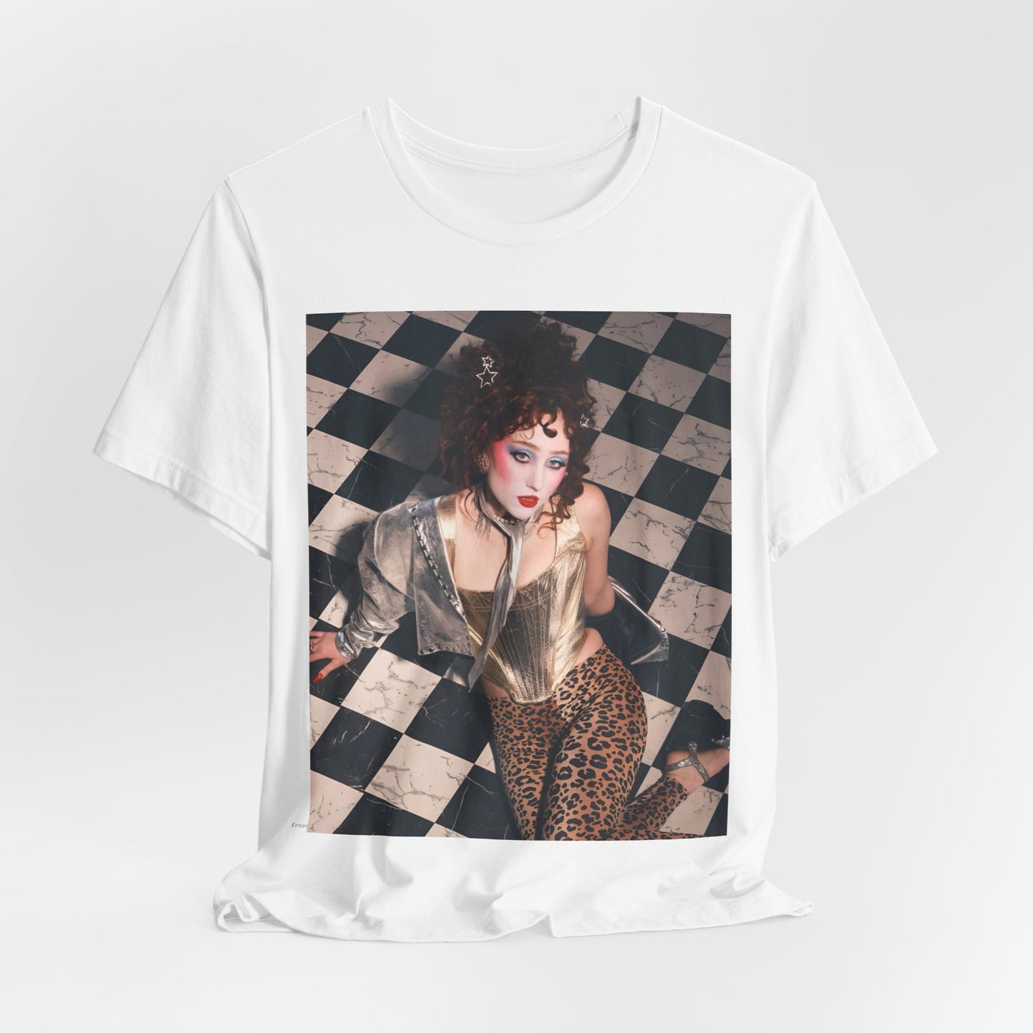 A black graphic t-shirt featuring a graphic of Chappell Roan, evoking "Naked in Manhattan" vibes.