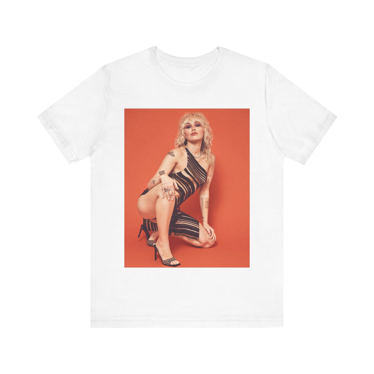 A black graphic t-shirt featuring a casual pop fan graphic of Miley Cyrus.