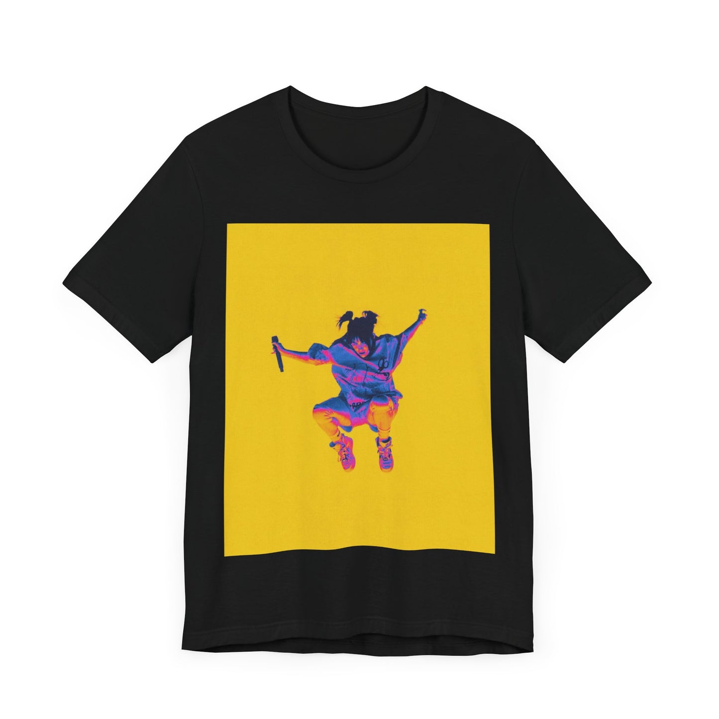 A stylized graphic of Billie Eilish jumping in the air with a microphone, rendered with psychedelic thermal colors against a solid yellow background.
