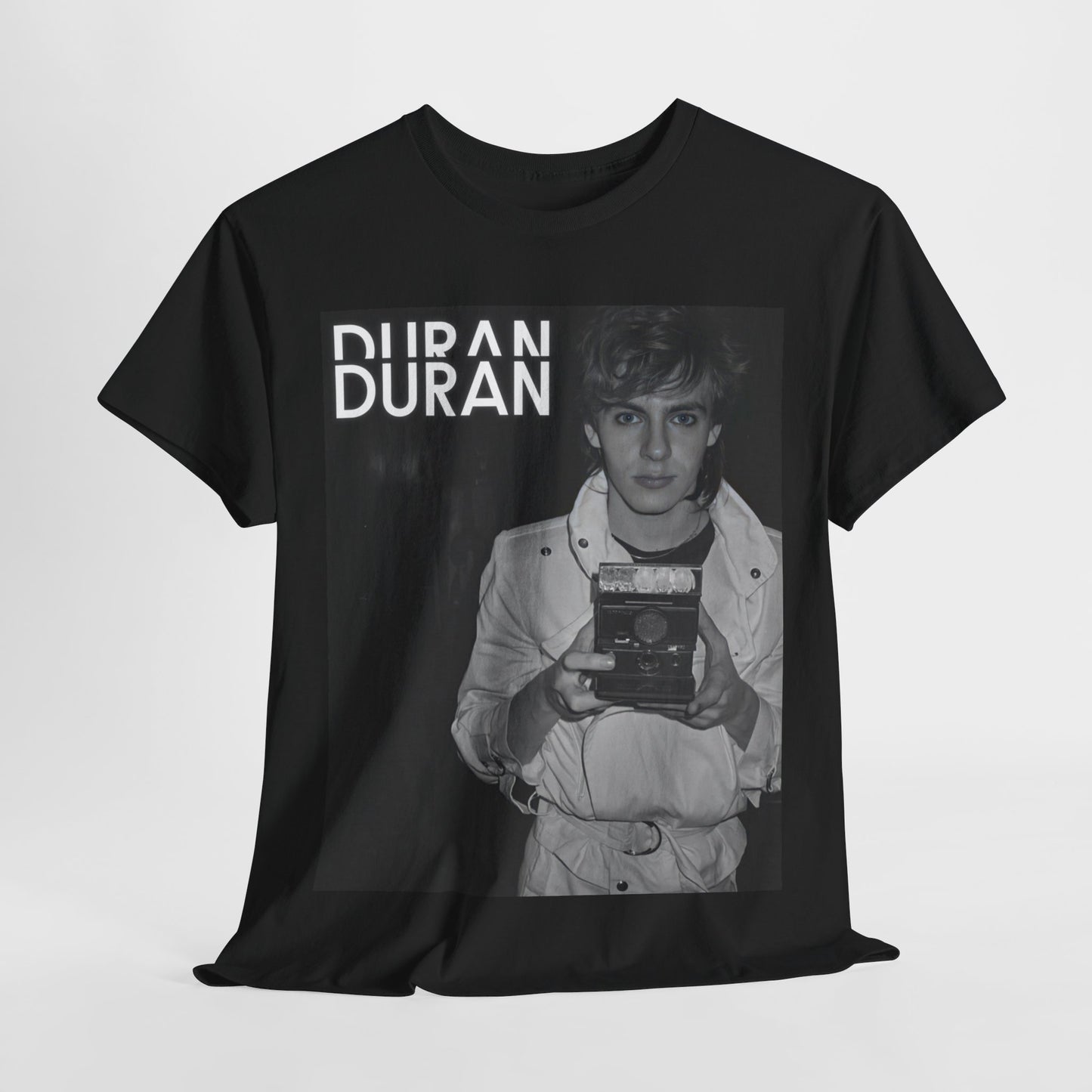A black graphic t-shirt featuring an 80s black and white Polaroid-style photo of Duran Duran.