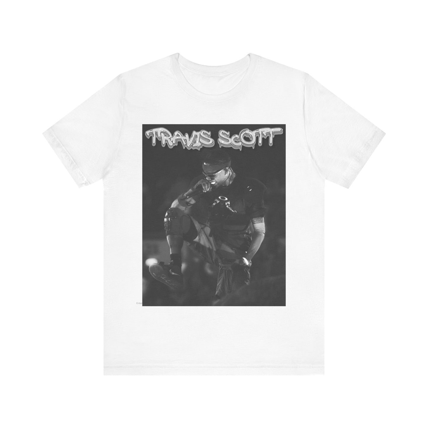 A black graphic t-shirt featuring a casual rap fan graphic of Travis Scott.