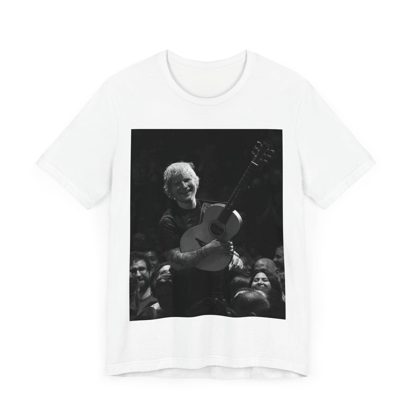 A black graphic t-shirt featuring a photo of Ed Sheeran performing live with his guitar.