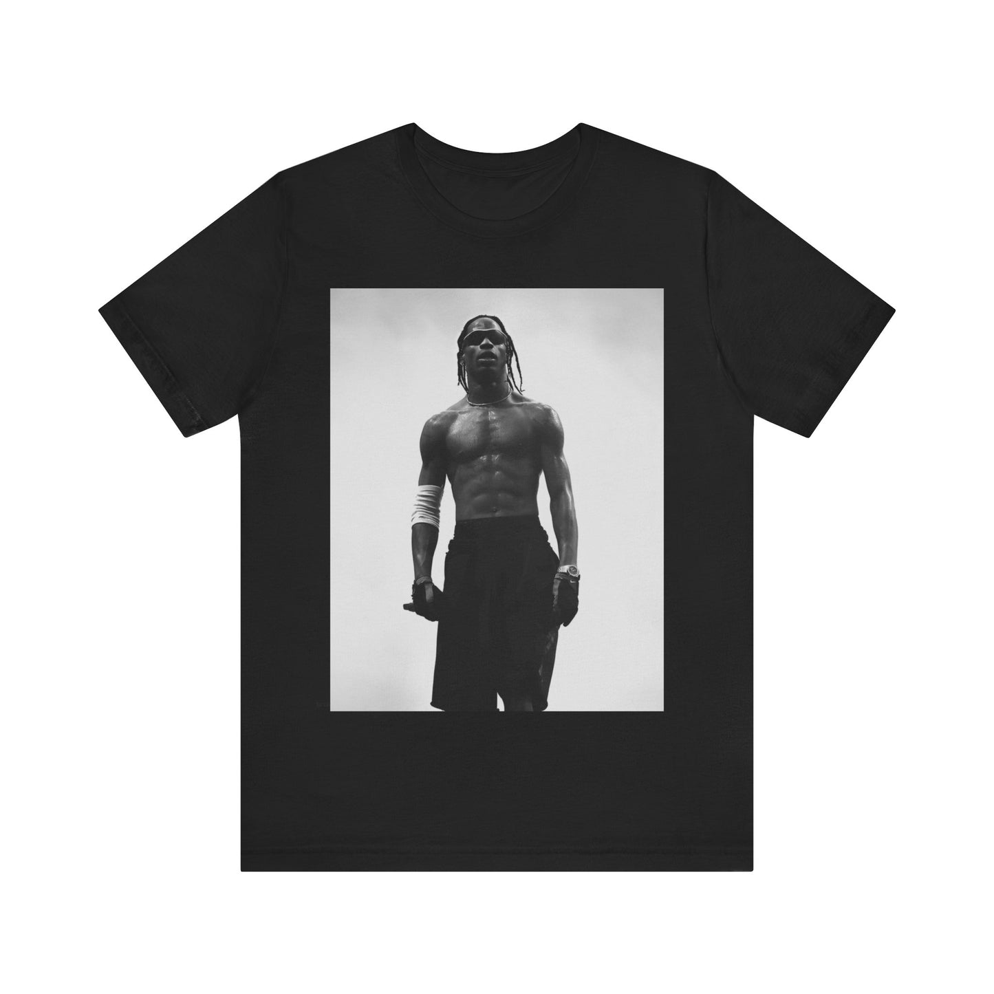 A black graphic t-shirt featuring a black and white portrait photo of Travis Scott.