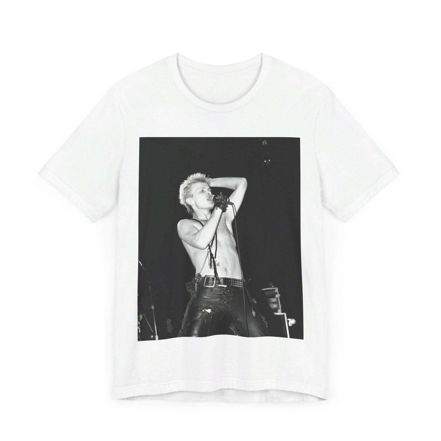 A black graphic t-shirt featuring a graphic related to Billy Idol's 'White Wedding' era, with a distinctive aesthetic.