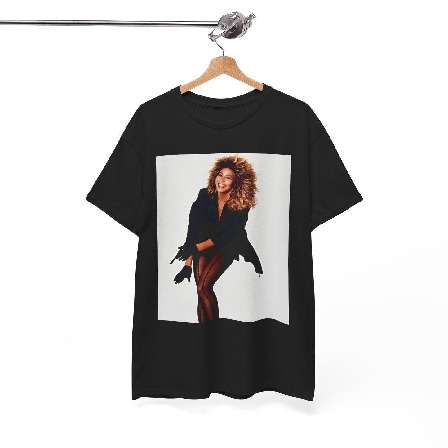 A black graphic t-shirt featuring a graphic of Tina Turner as a Rock and Roll Hall of Famer.