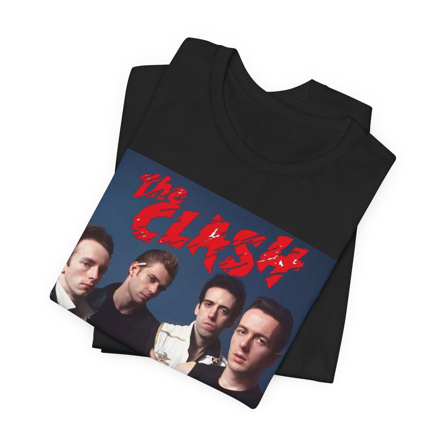 A black graphic t-shirt featuring a vintage graphic related to The Clash's 'Combat Rock' album era.