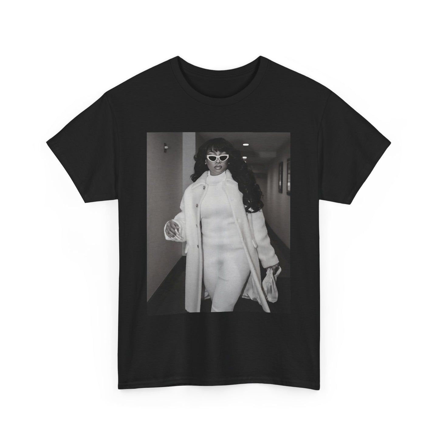 A black graphic t-shirt featuring a black and white portrait photo of Megan Thee Stallion.
