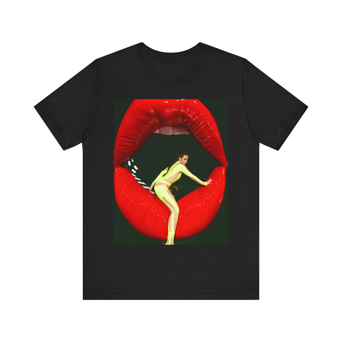 A black graphic t-shirt featuring a graphic of Camila Cabello with a 'rebel heart' or edgy pop star aesthetic.