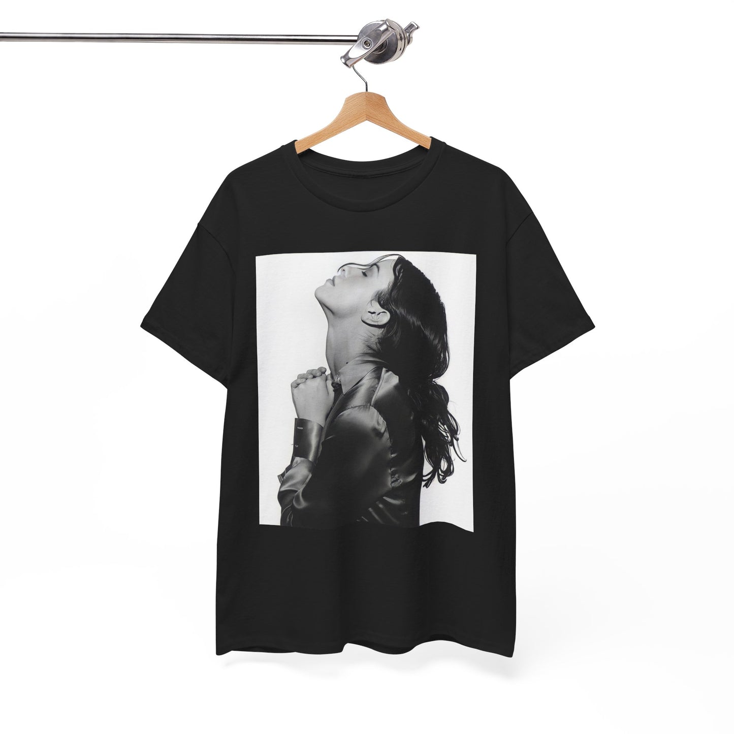 A black graphic t-shirt featuring a vintage black and white portrait of Alanis Morissette, showing her with a poised and thoughtful expression.