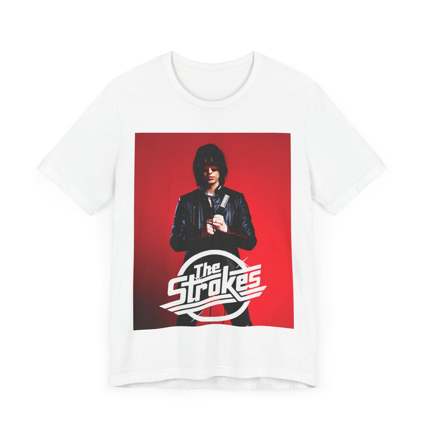 A black graphic t-shirt featuring a bold indie rock superstar graphic of The Strokes.