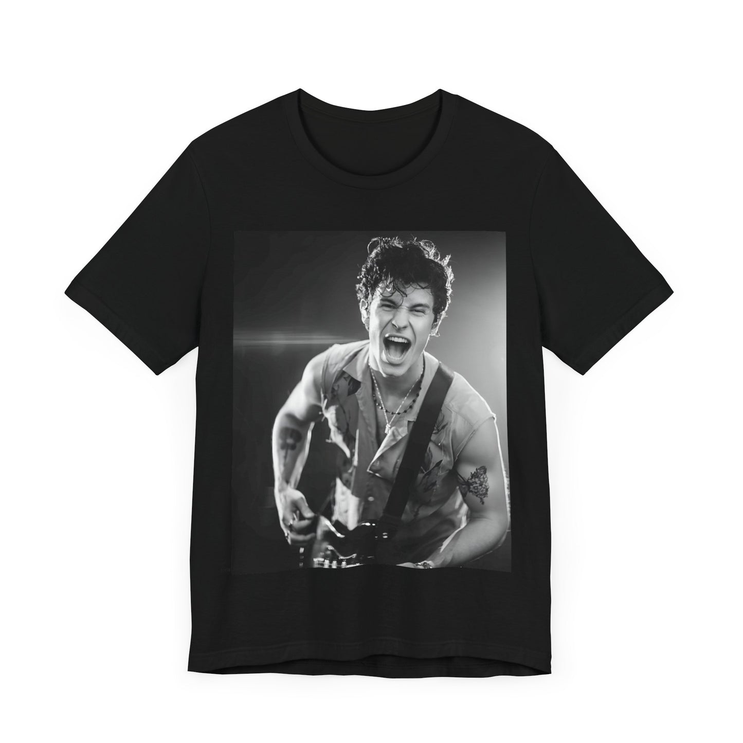 A black graphic t-shirt featuring a black and white photo of Shawn Mendes, emphasizing his charm.