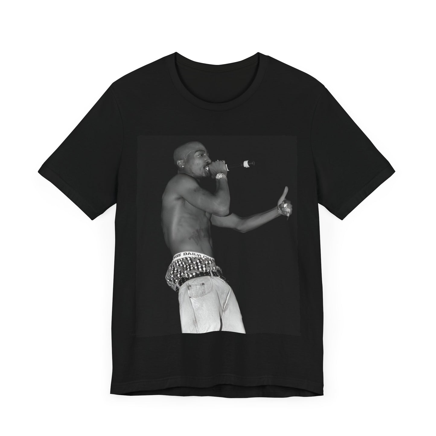 A black graphic t-shirt featuring a graphic of Tupac as a justice fighter.