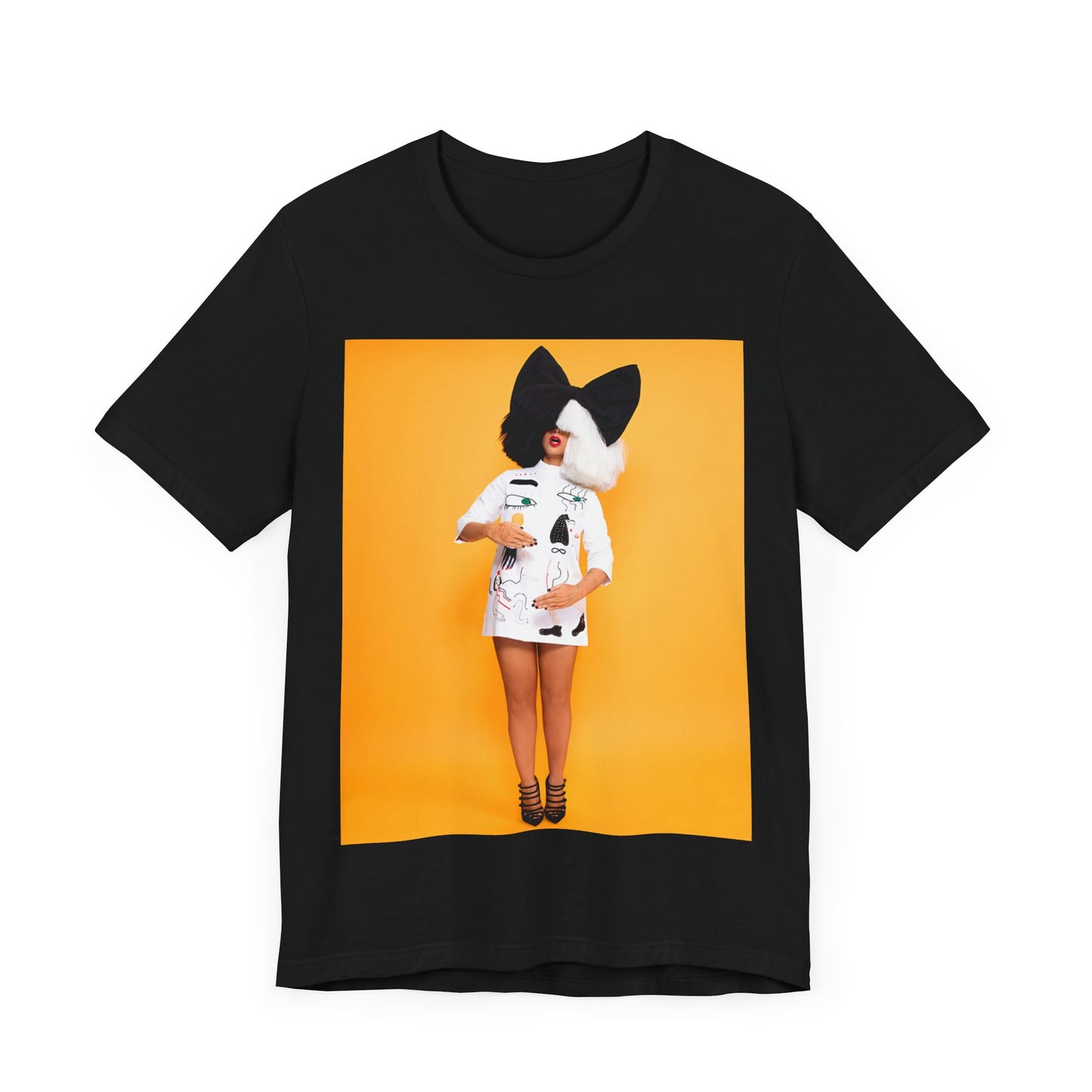 A black graphic t-shirt featuring a graphic of Sia as an art pop visionary.