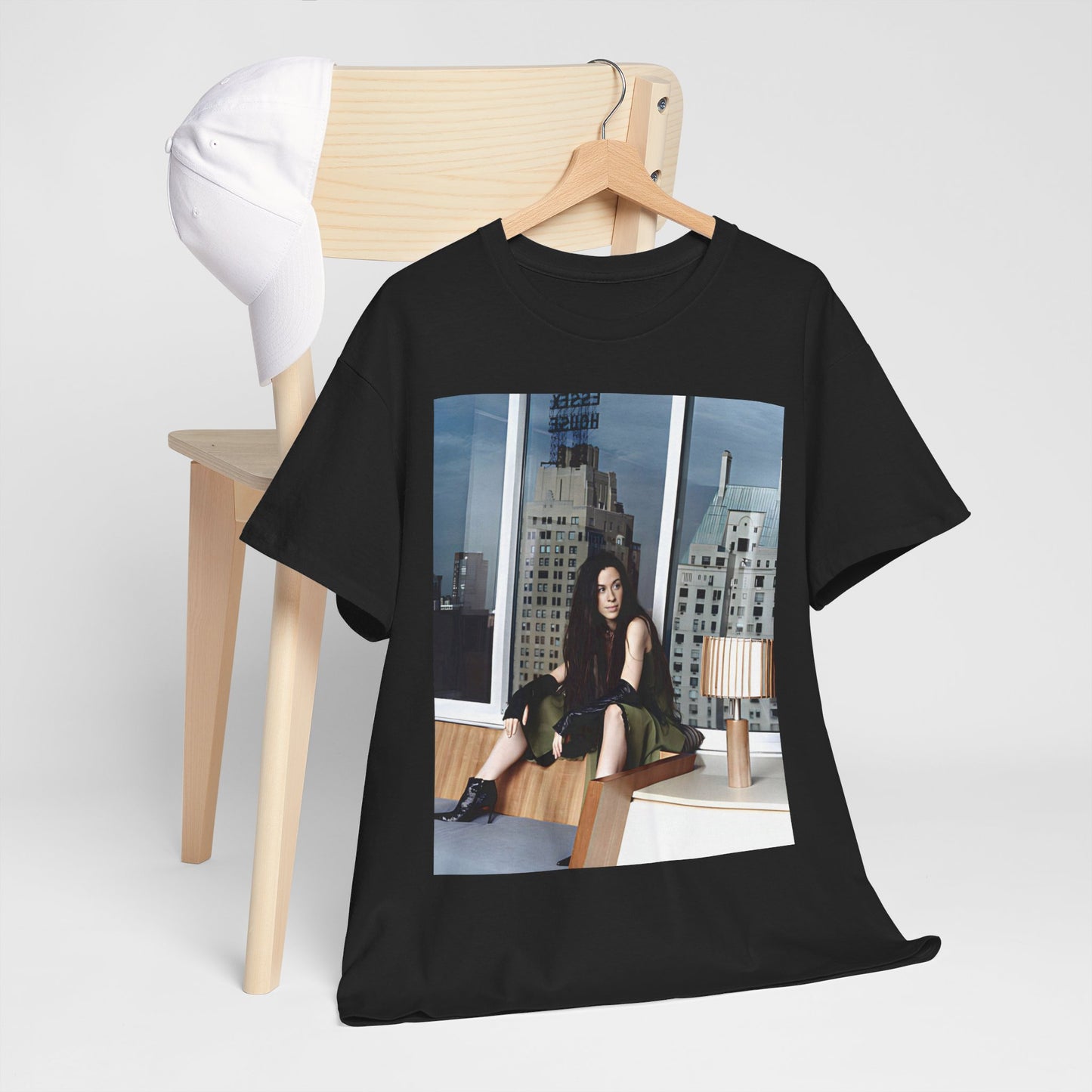 A black graphic t-shirt featuring a photo portrait of Alanis Morissette.