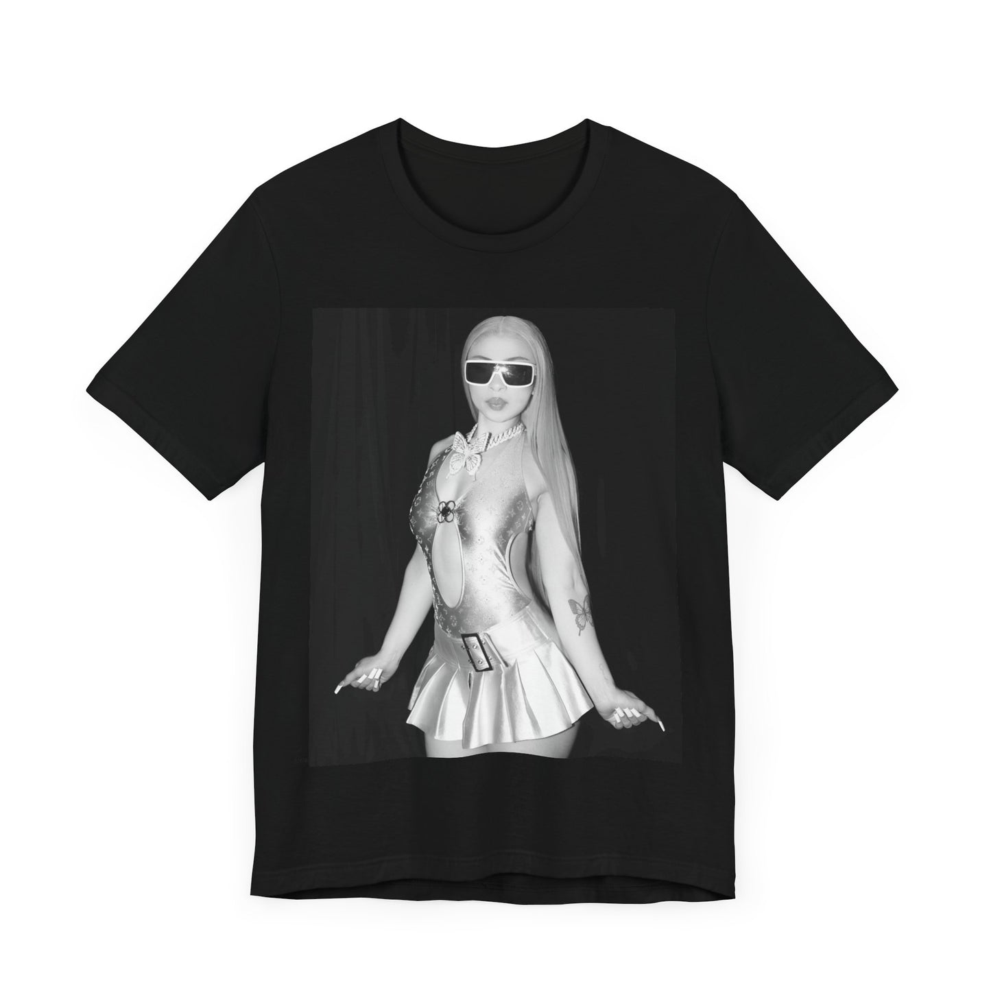 A black graphic t-shirt featuring a black and white graphic or photo of Ice Spice in a backstage setting.