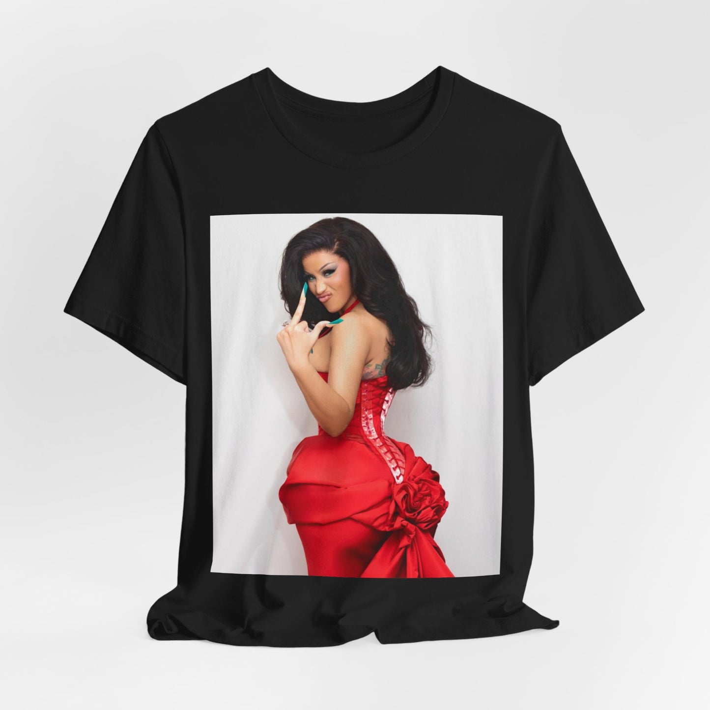 A black graphic t-shirt featuring a graphic of Cardi B making 'the finger' gesture.