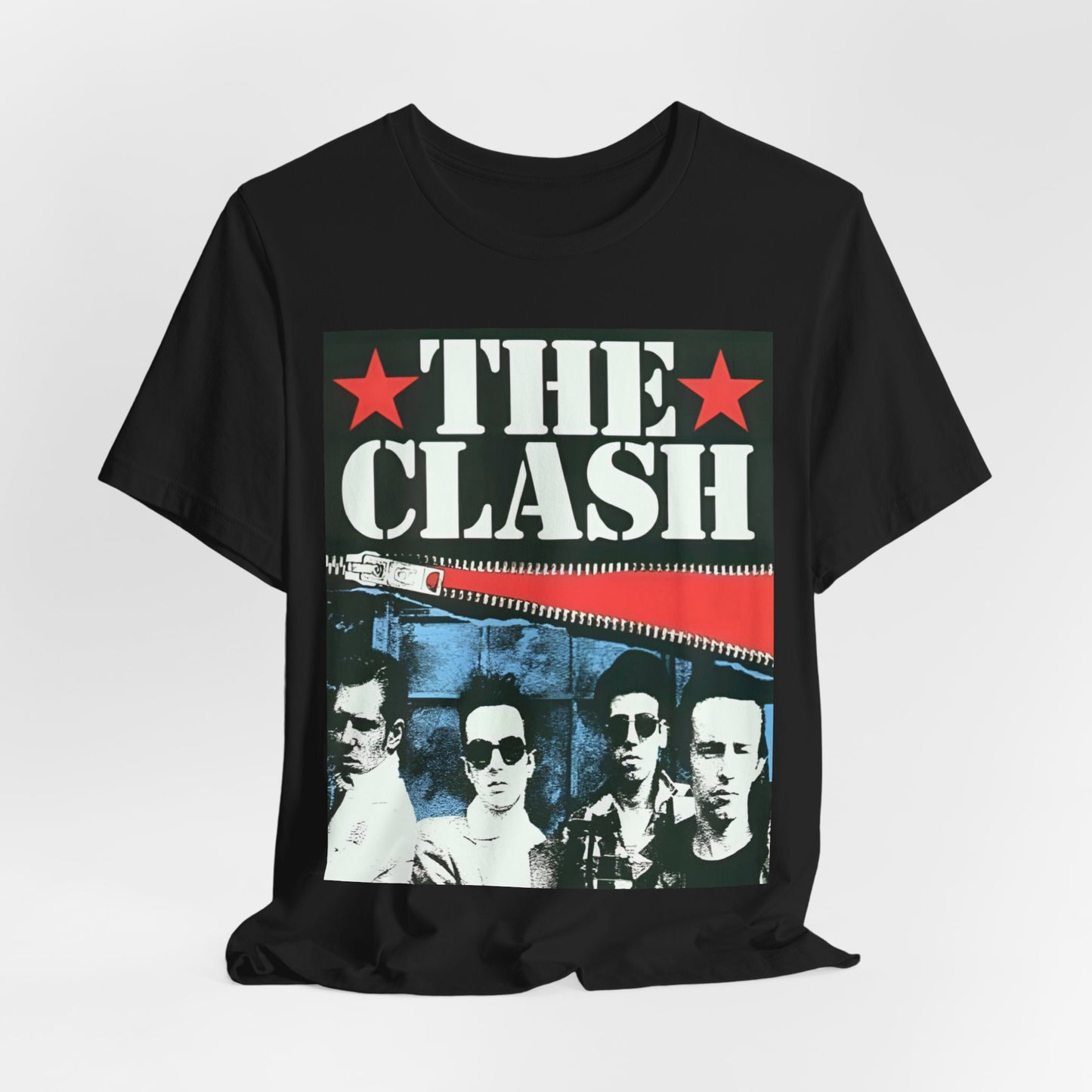 A black graphic t-shirt featuring a casual punk fan graphic of The Clash.
