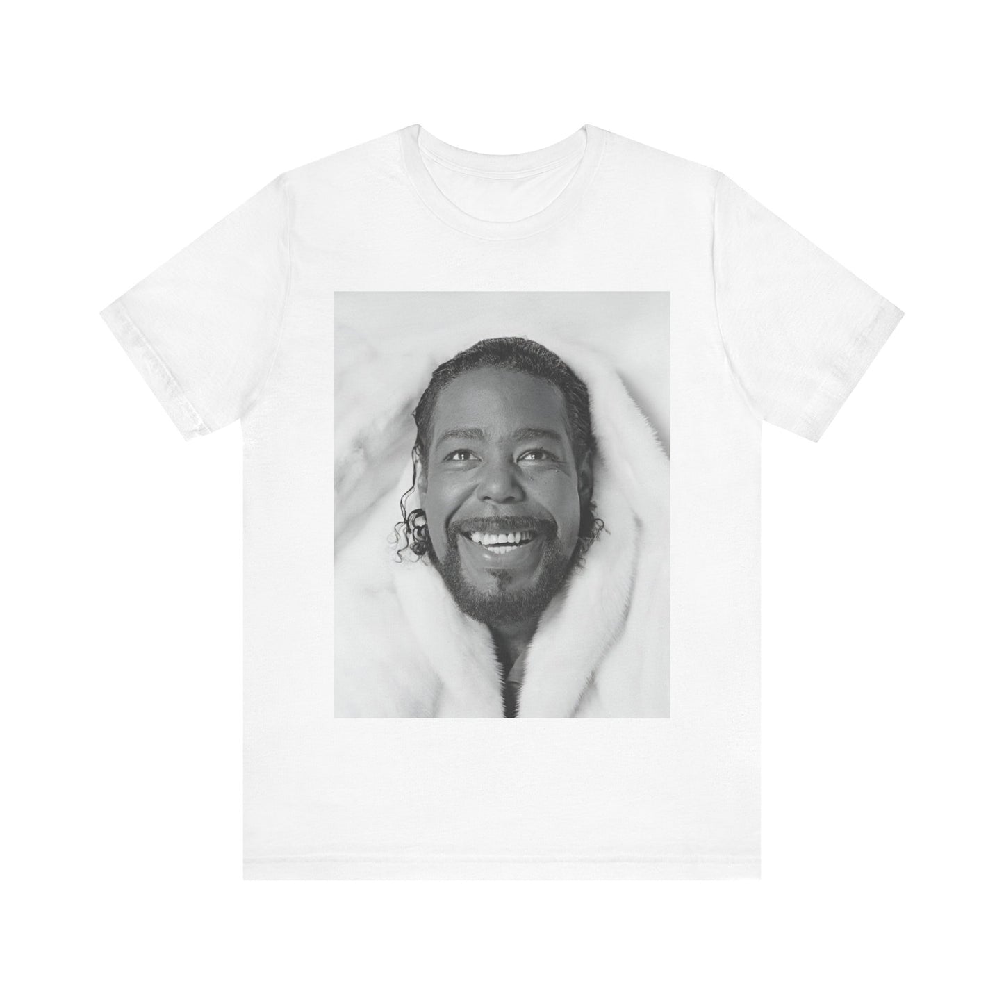 A black graphic t-shirt featuring a retro 70s-style graphic of Barry White as a soul icon.