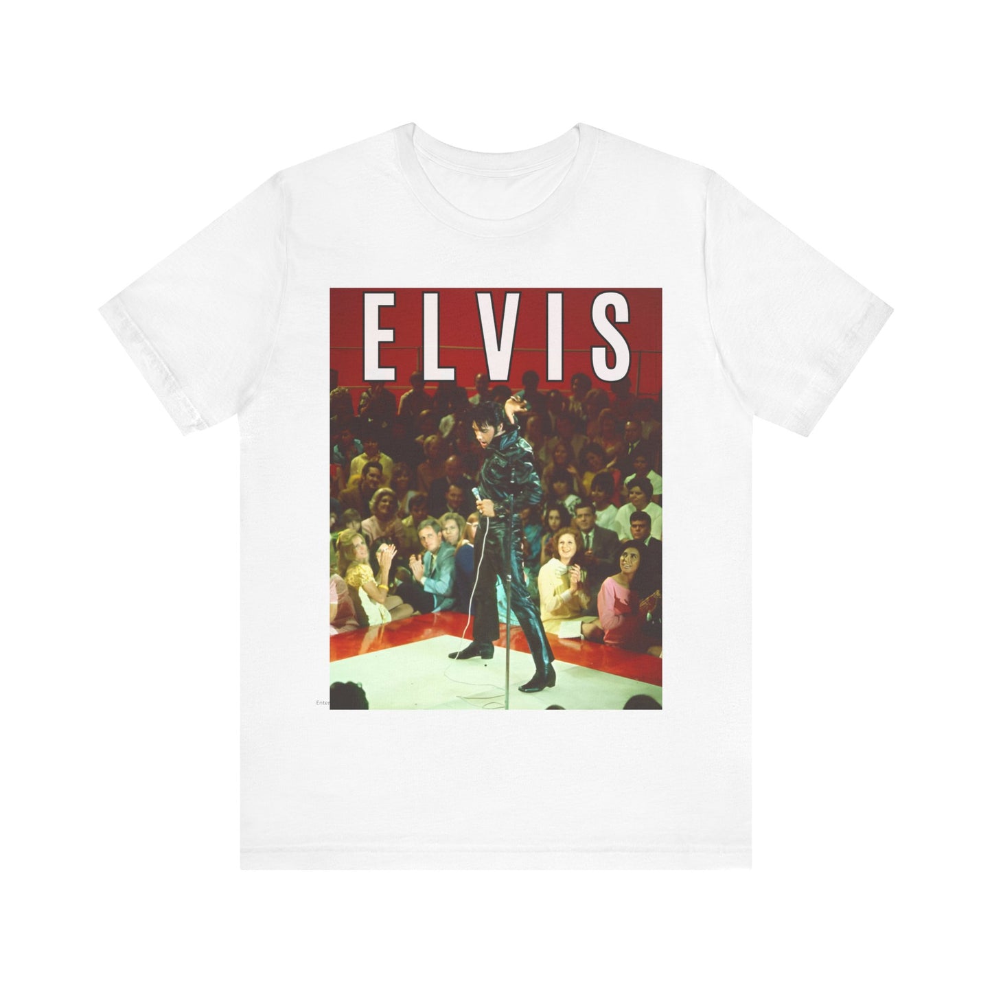 A black graphic t-shirt featuring a retro graphic related to an Elvis Presley special concert.