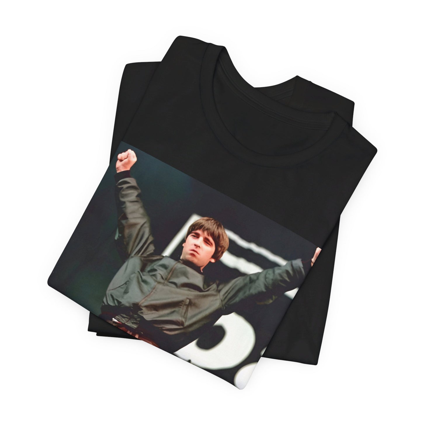 A black graphic t-shirt featuring a graphic or photo of Liam and Noel Gallagher from Oasis performing live on stage.