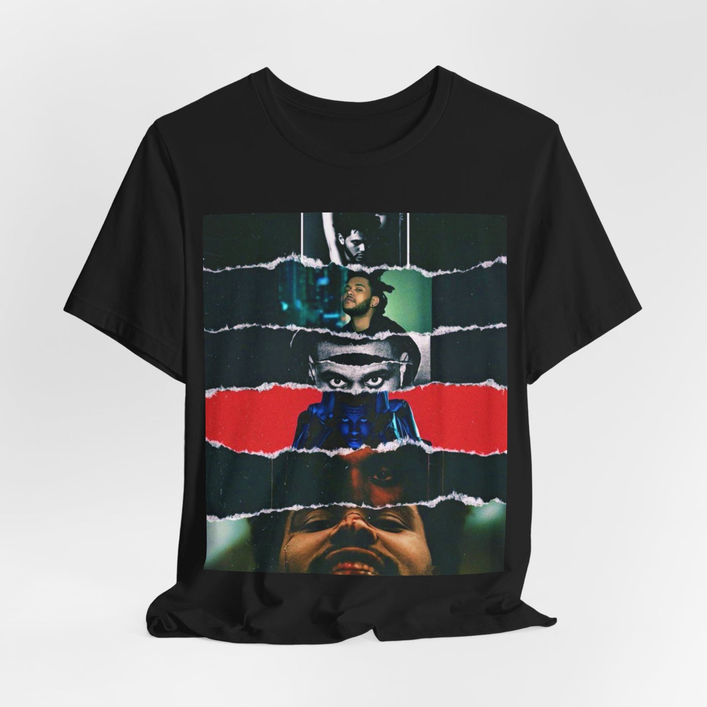 A black graphic t-shirt featuring a graphic representing different aesthetic eras of The Weeknd.