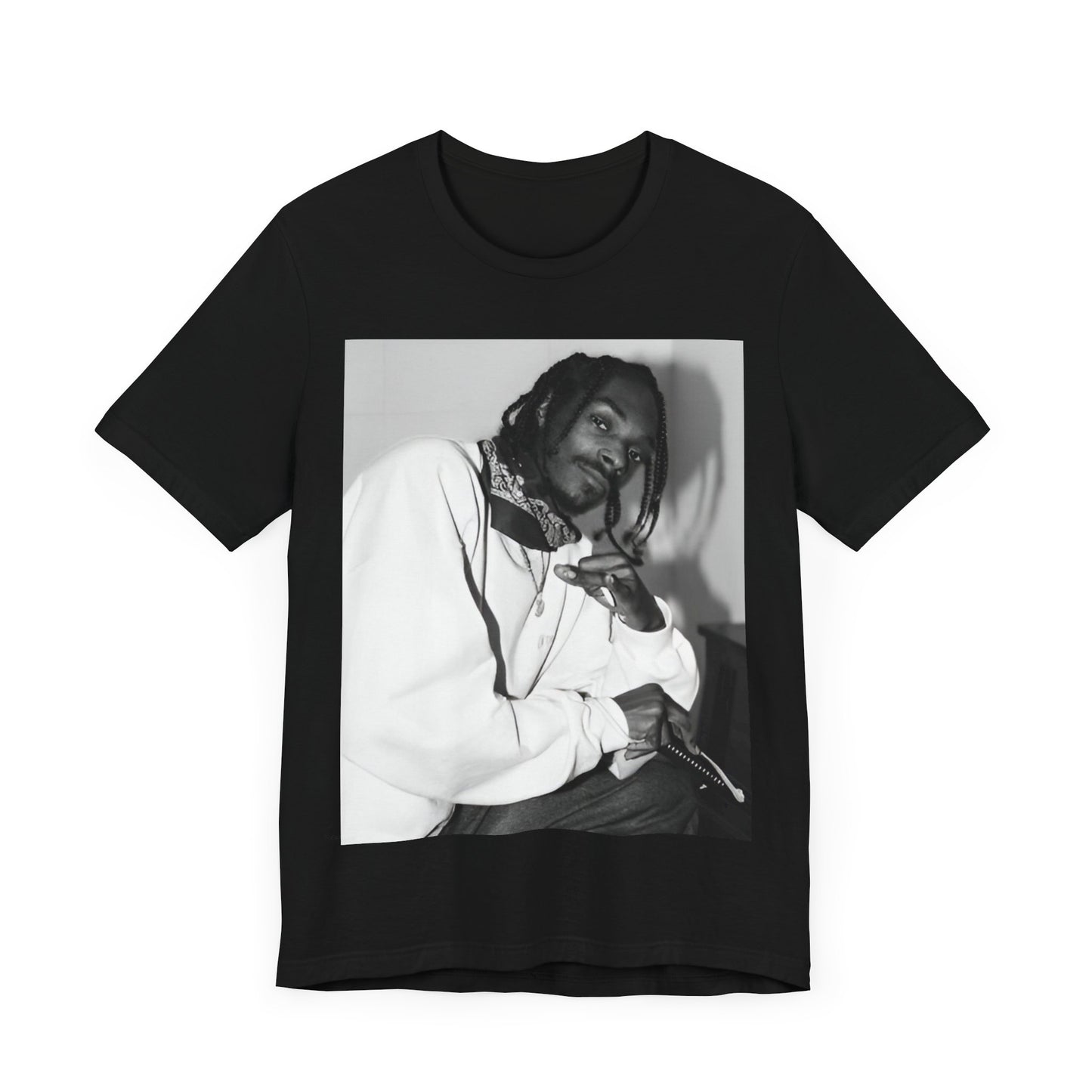 A black graphic t-shirt featuring a black and white hip hop graphic or photo of Snoop Dogg.