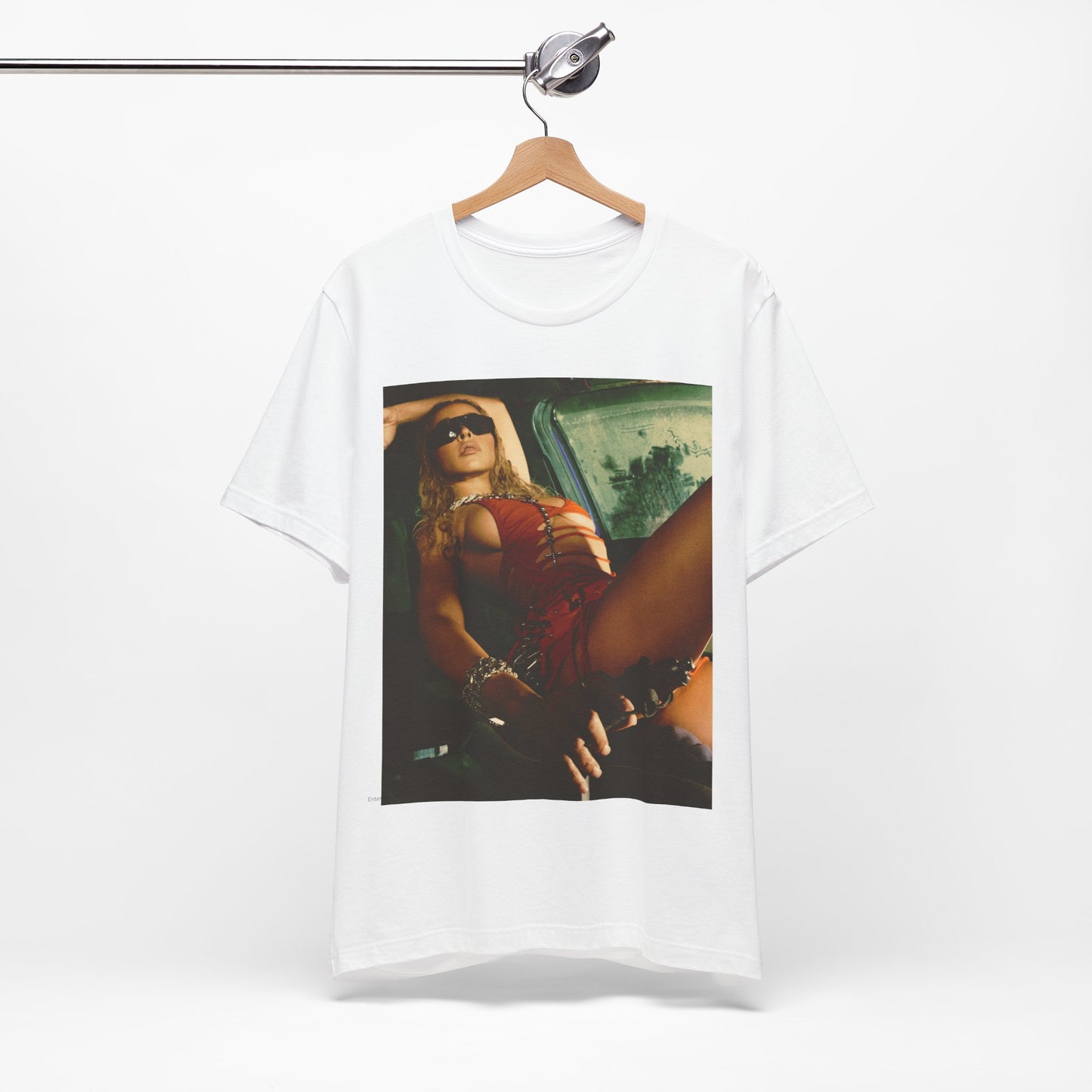A black graphic t-shirt featuring a graphic of Tinashe as a hot R&B superstar.