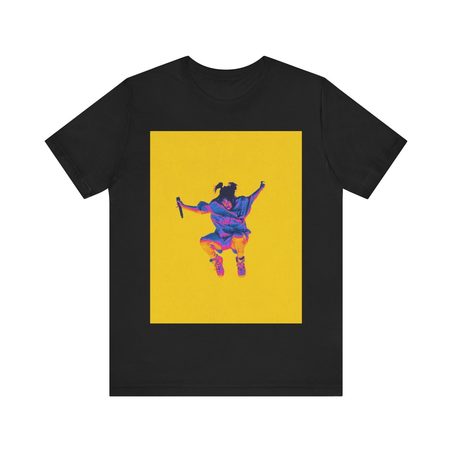A stylized graphic of Billie Eilish jumping in the air with a microphone, rendered with psychedelic thermal colors against a solid yellow background.