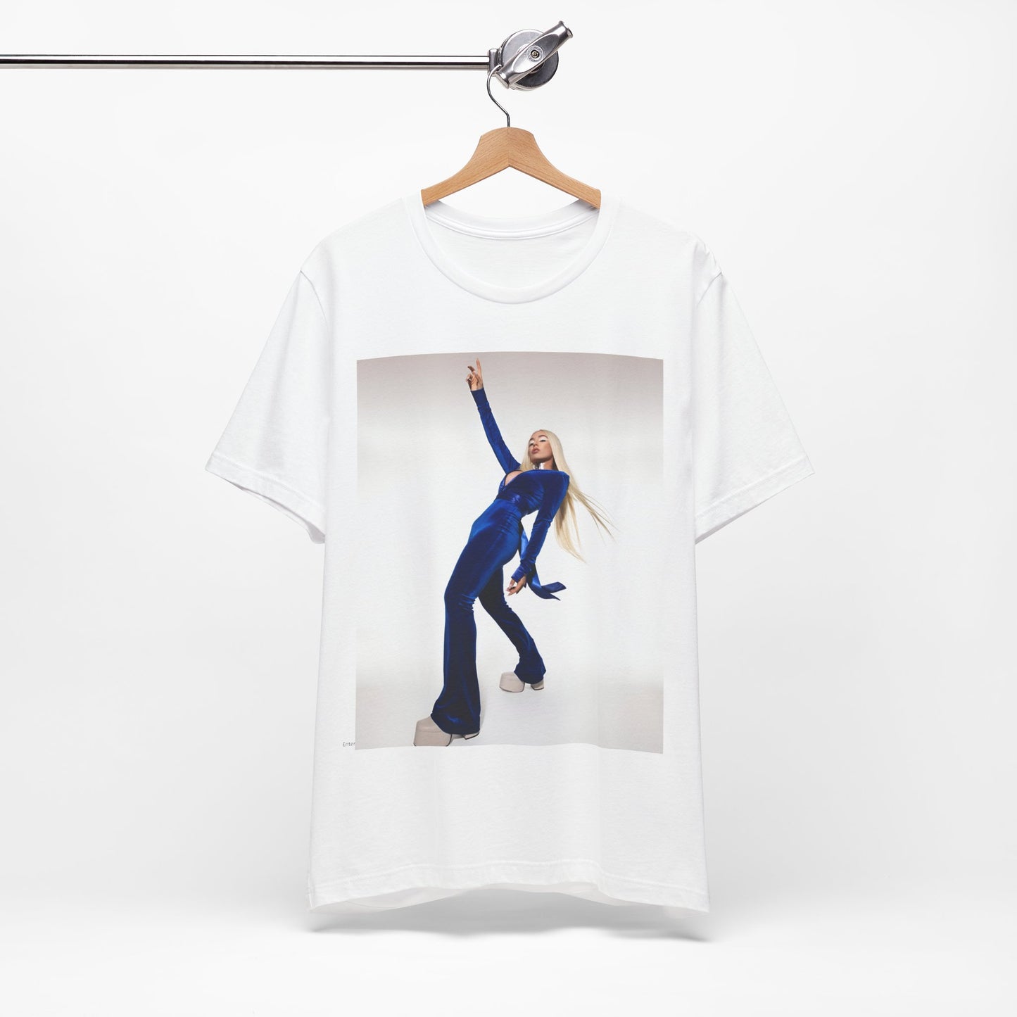 A black graphic t-shirt featuring Ava Max in a blue jumpsuit, in a graphic or photo style.