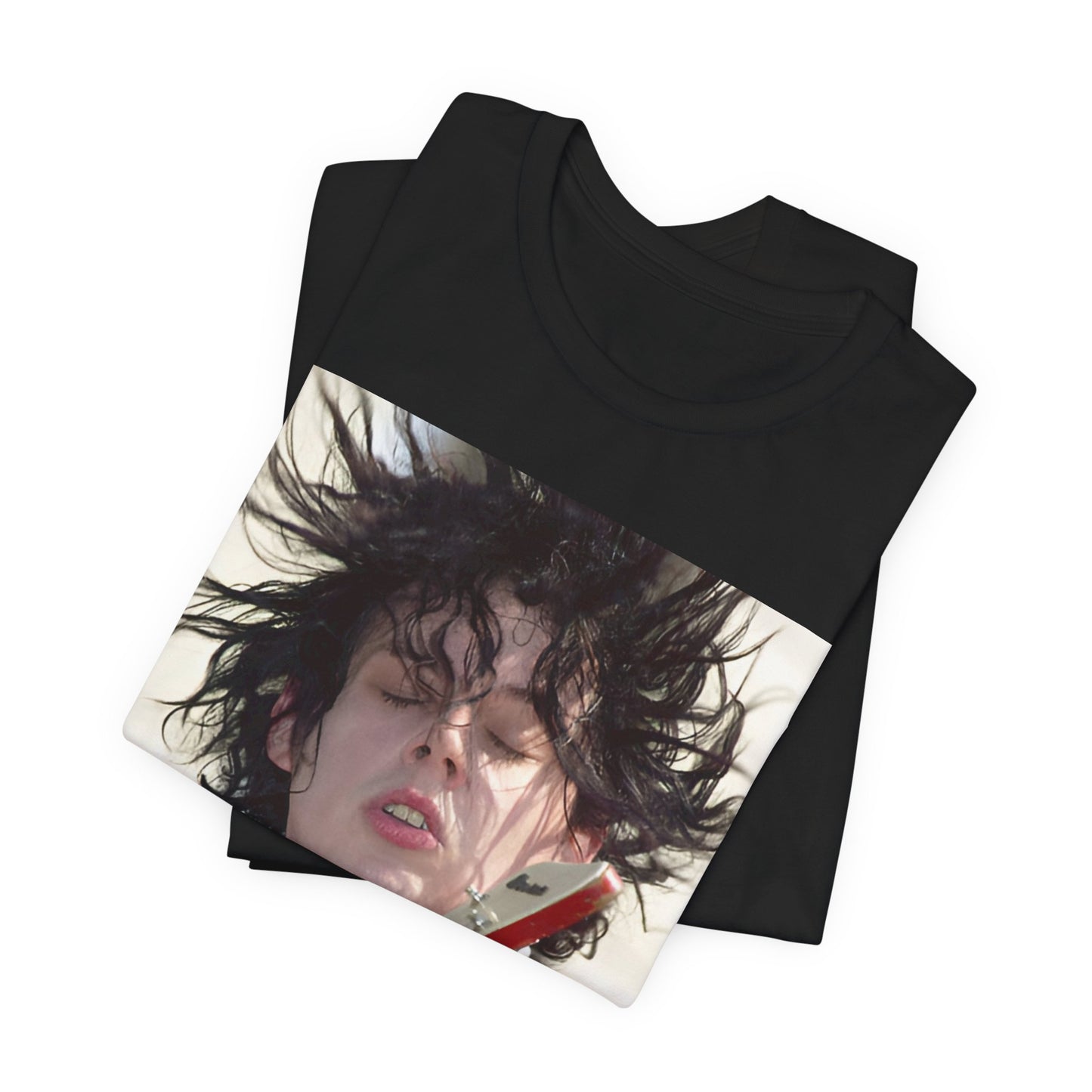 A black graphic t-shirt featuring a retro graphic of Jack White from The White Stripes playing guitar.
