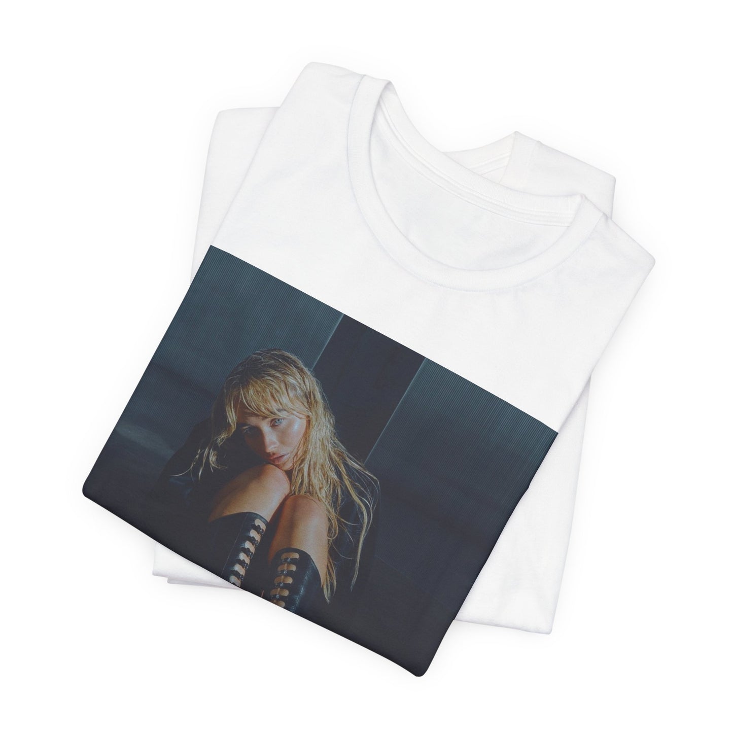 A black graphic t-shirt featuring a bold graphic of Sabrina Carpenter as a pop superstar.