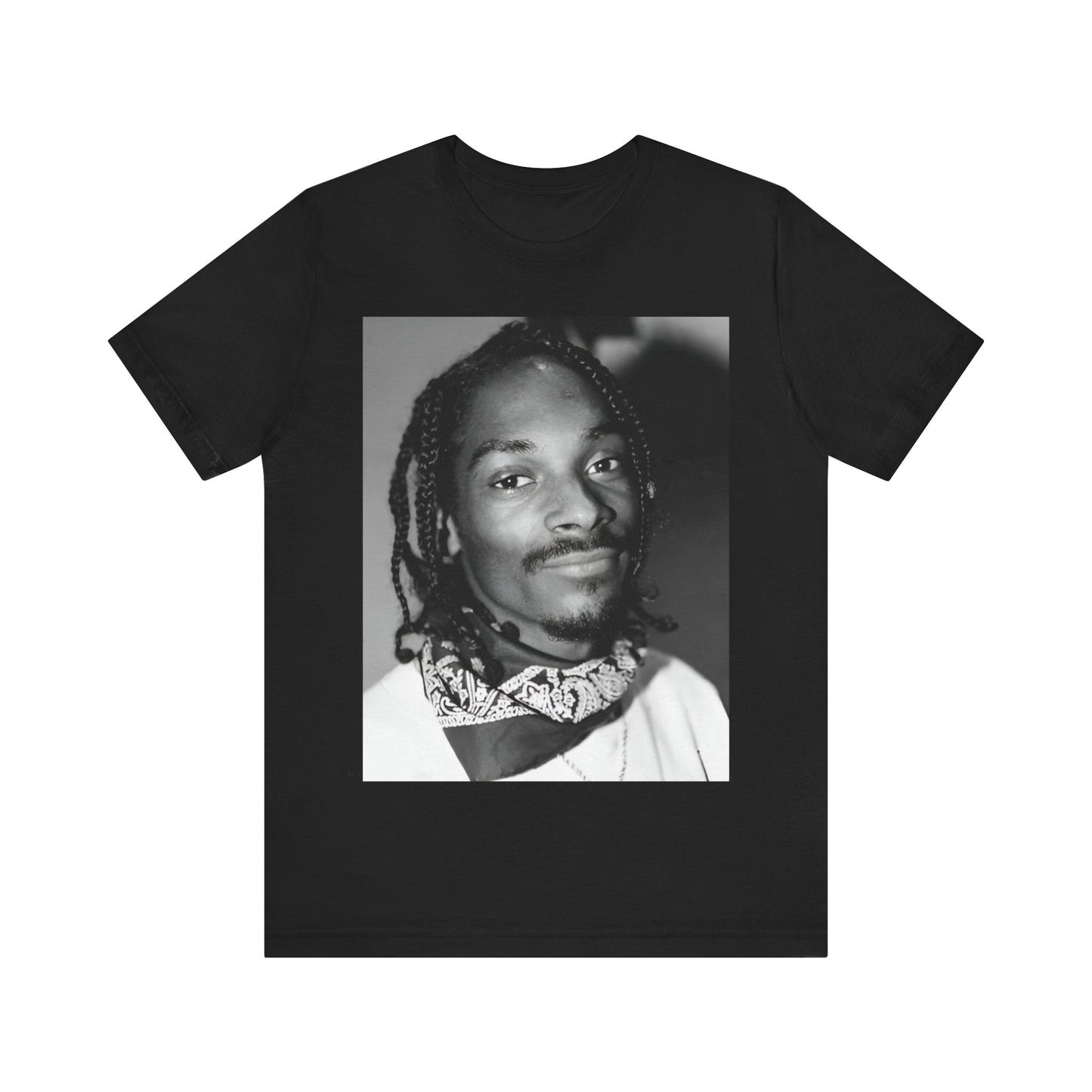A black graphic t-shirt featuring a modern rap essential graphic of Snoop Dogg.
