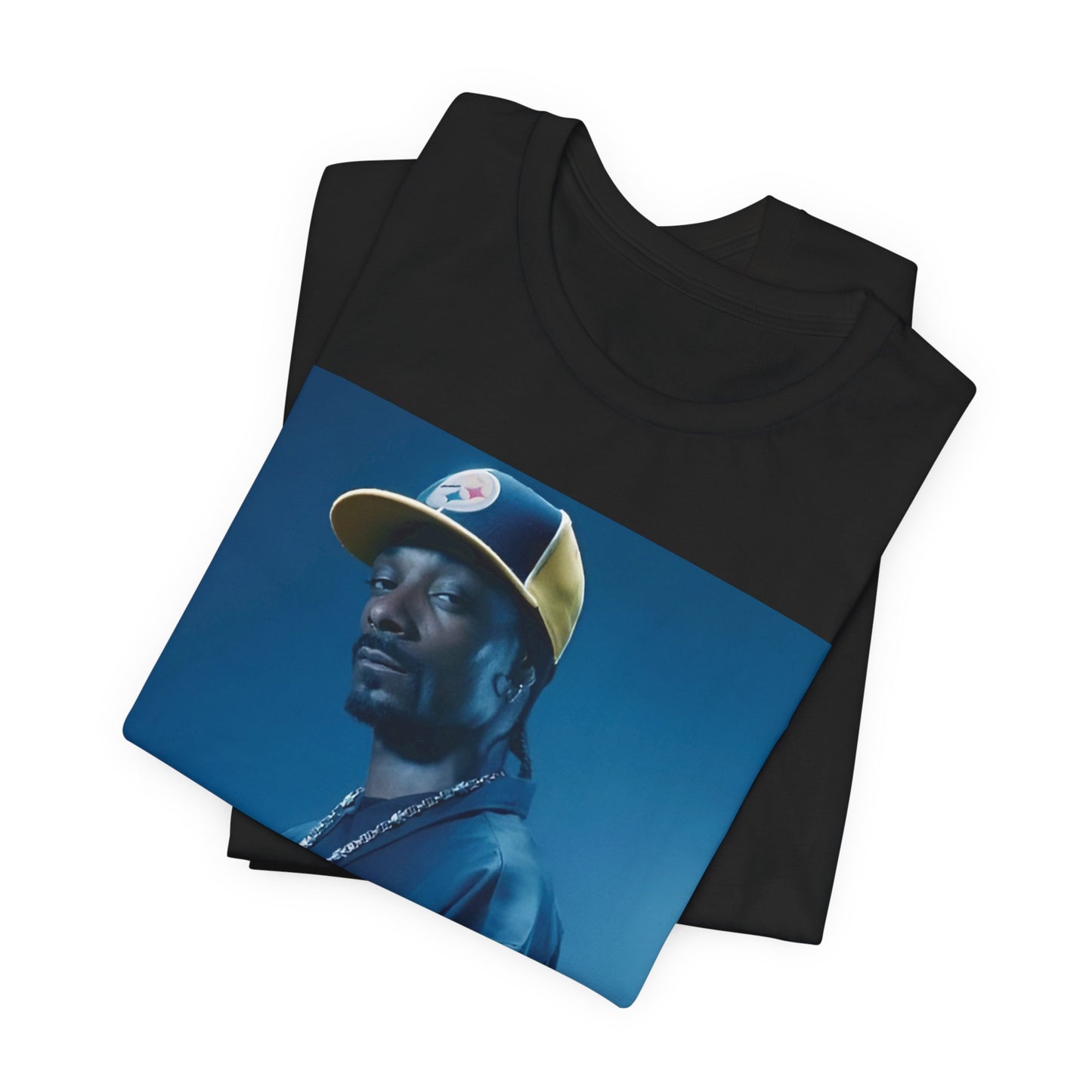 A black graphic t-shirt featuring an authentic West Coast graphic of Snoop Dogg.