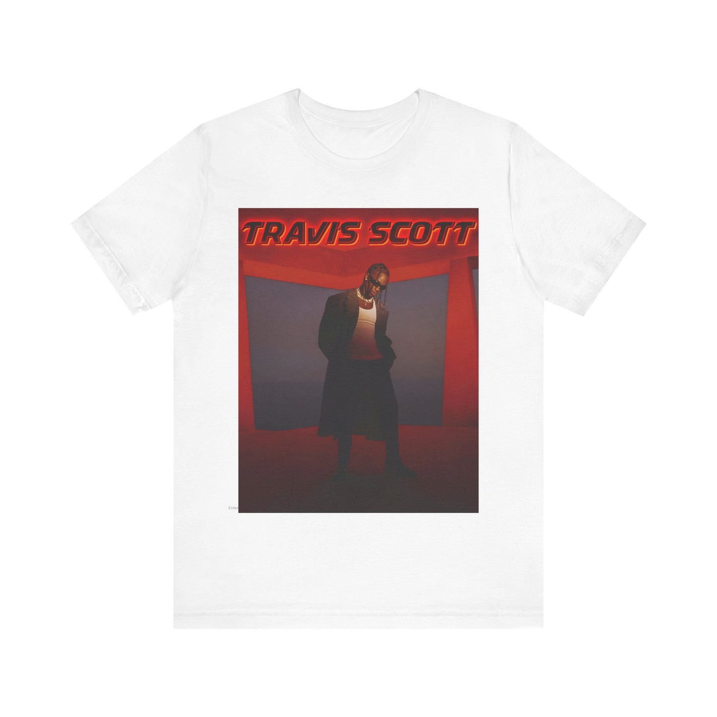 A black graphic t-shirt featuring a graphic of Travis Scott with a dreamy rap soundscape aesthetic.