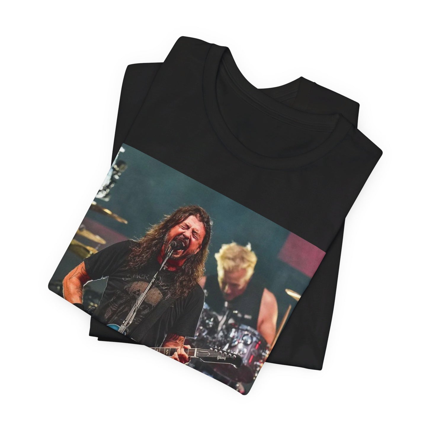 A black graphic t-shirt featuring a graphic of Foo Fighters as stadium rockstars.