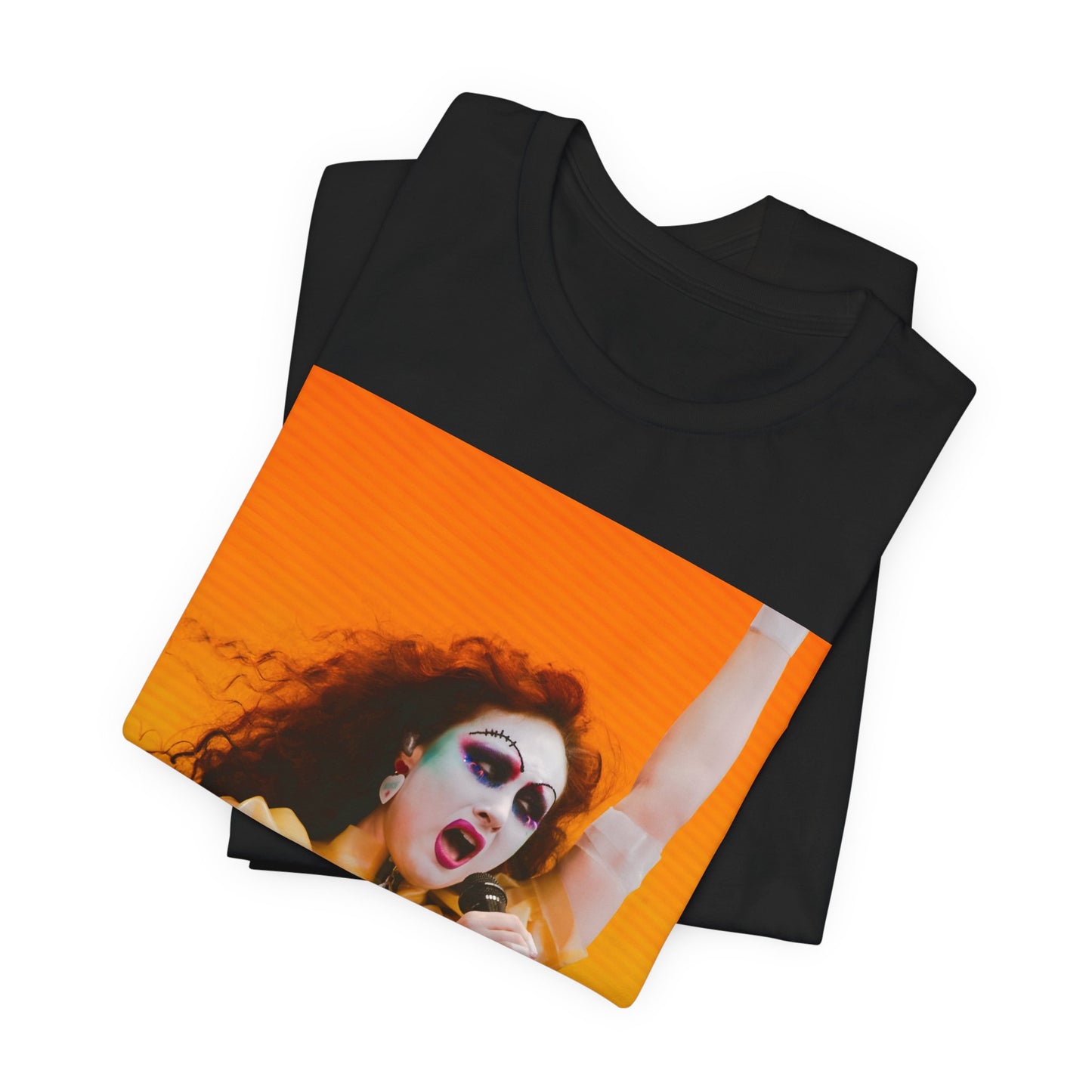 A black graphic t-shirt featuring a graphic of Chappell Roan, designed with a future pop aesthetic.