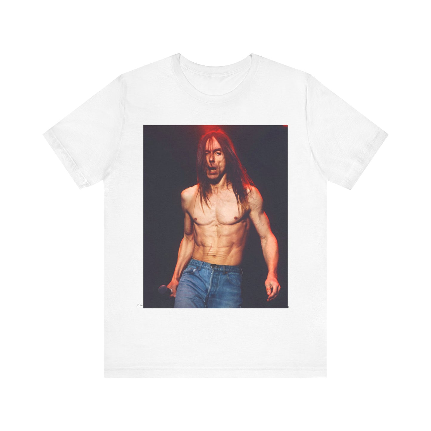 A black graphic t-shirt featuring a graphic related to Iggy Pop's 'Raw Power' era.