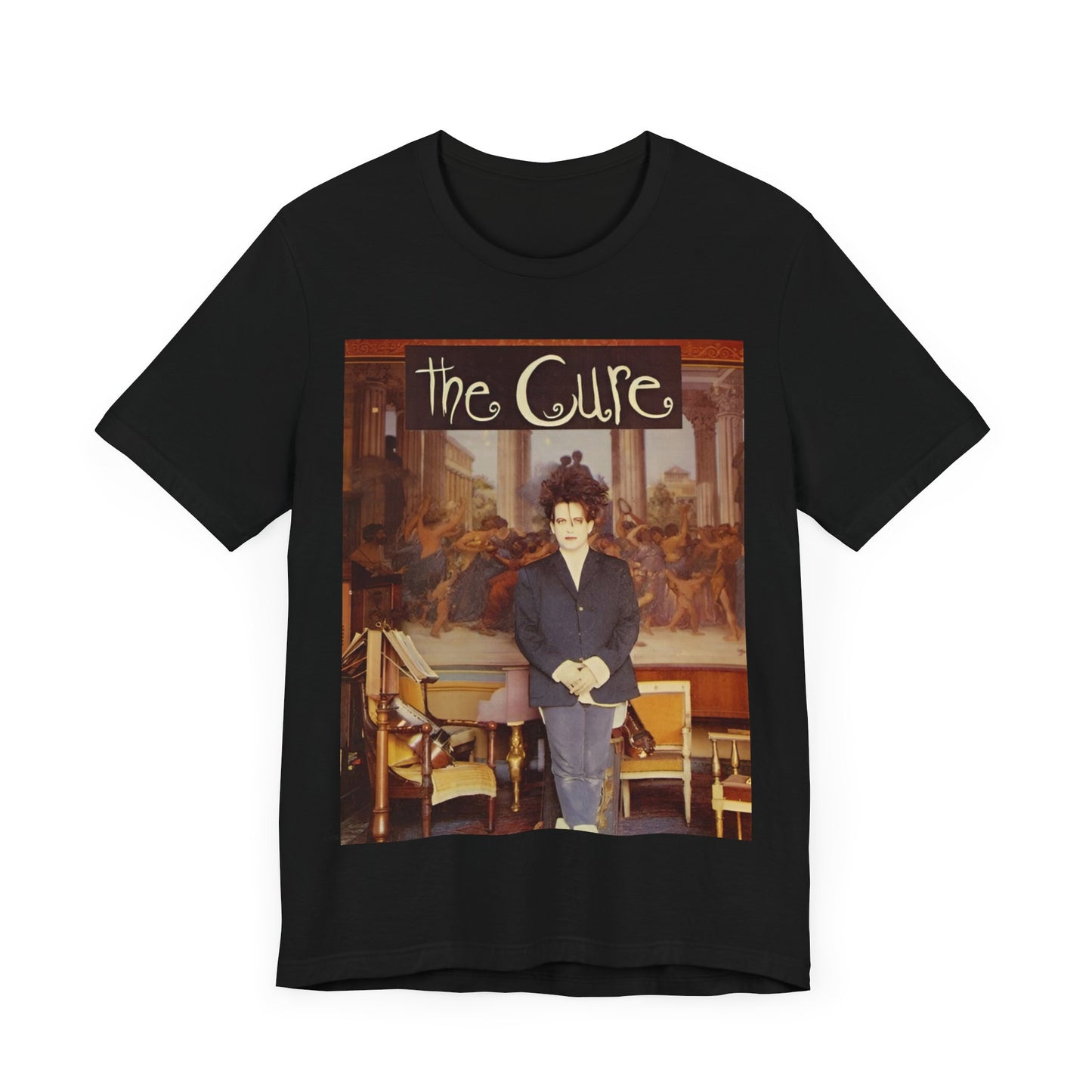 A black graphic t-shirt featuring a graphic of Robert Smith from The Cure as a goth icon.