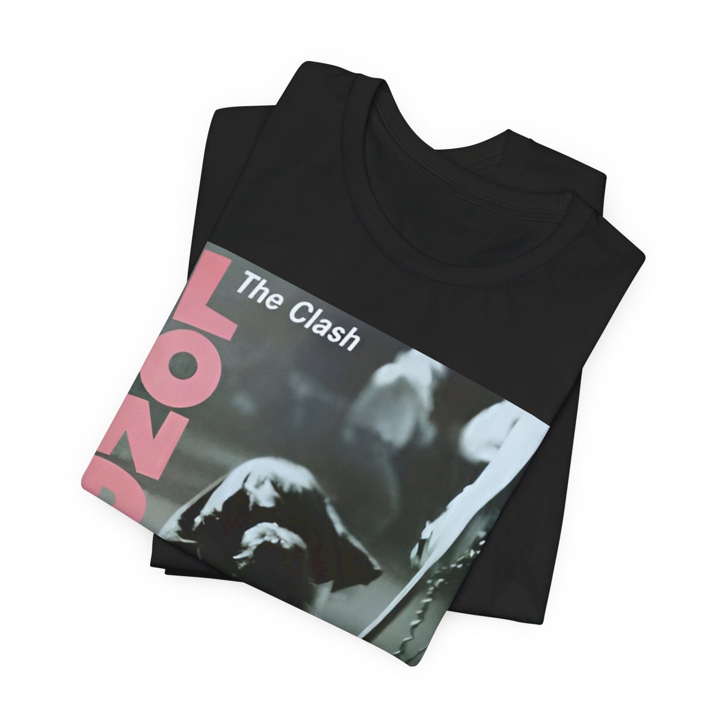 A black graphic t-shirt featuring the album cover art for The Clash's 'London Calling'.