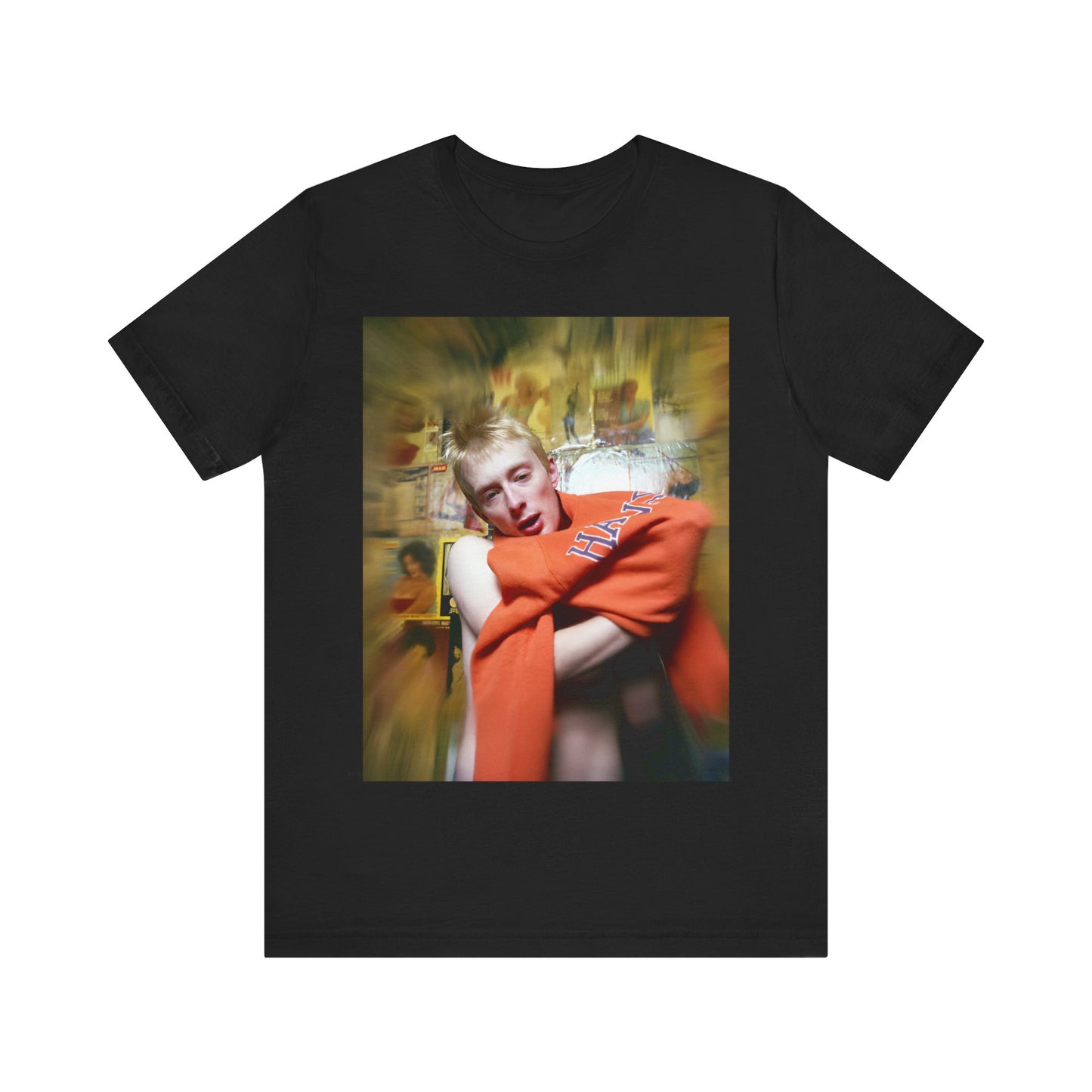 A black graphic t-shirt featuring a rock aesthetic graphic of Radiohead.