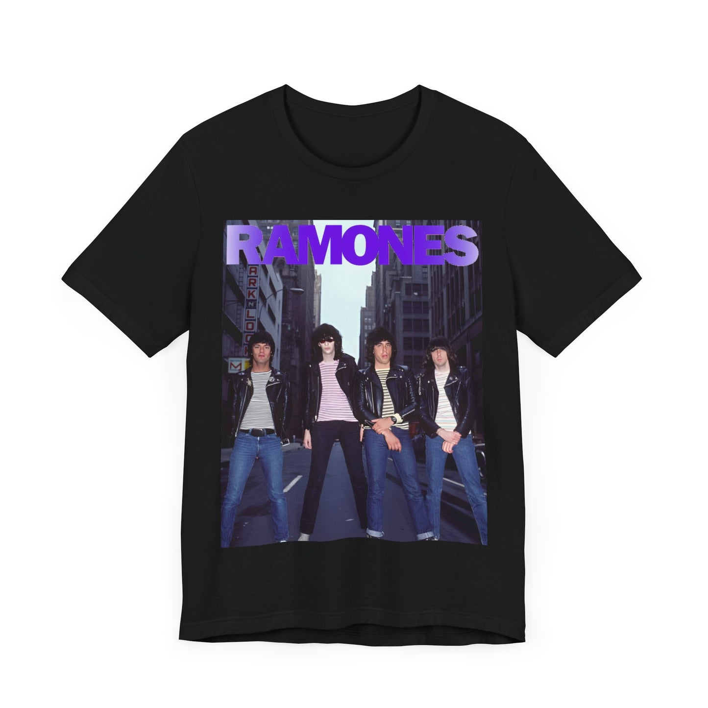 A black graphic t-shirt featuring a graphic of the Ramones emphasizing a rebellious punk spirit.