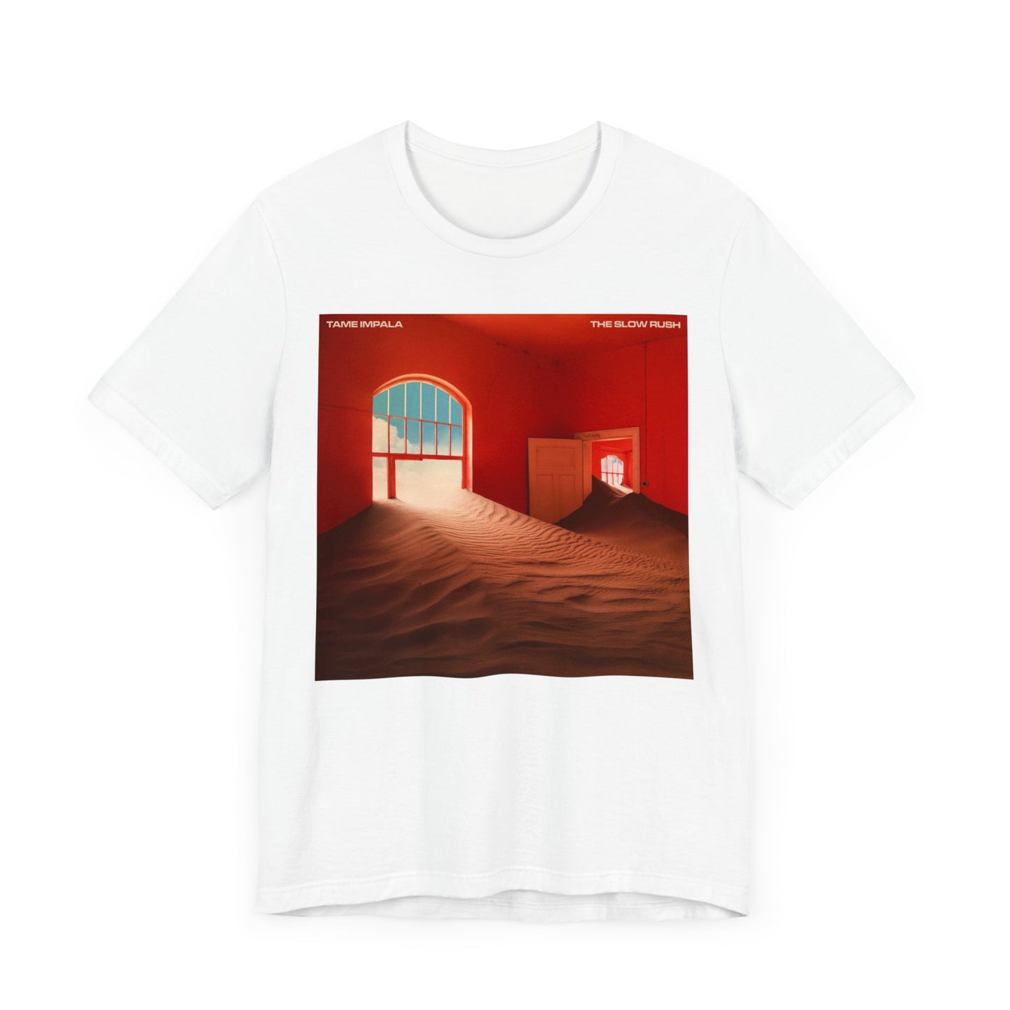 A black graphic t-shirt featuring a graphic related to Tame Impala's 'The Slow Rush' album.