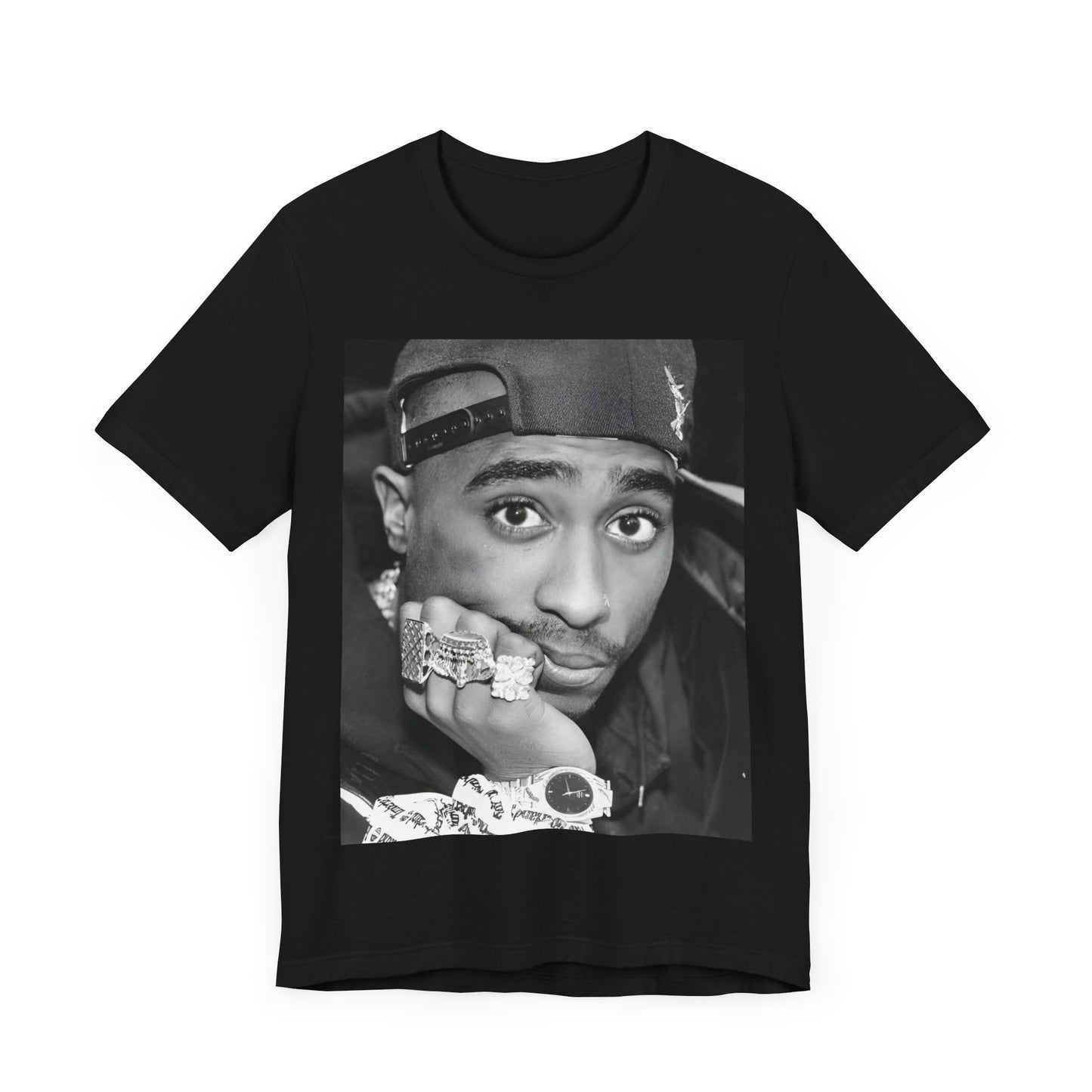 A black graphic t-shirt featuring a bold graphic of Tupac as a rap superstar.