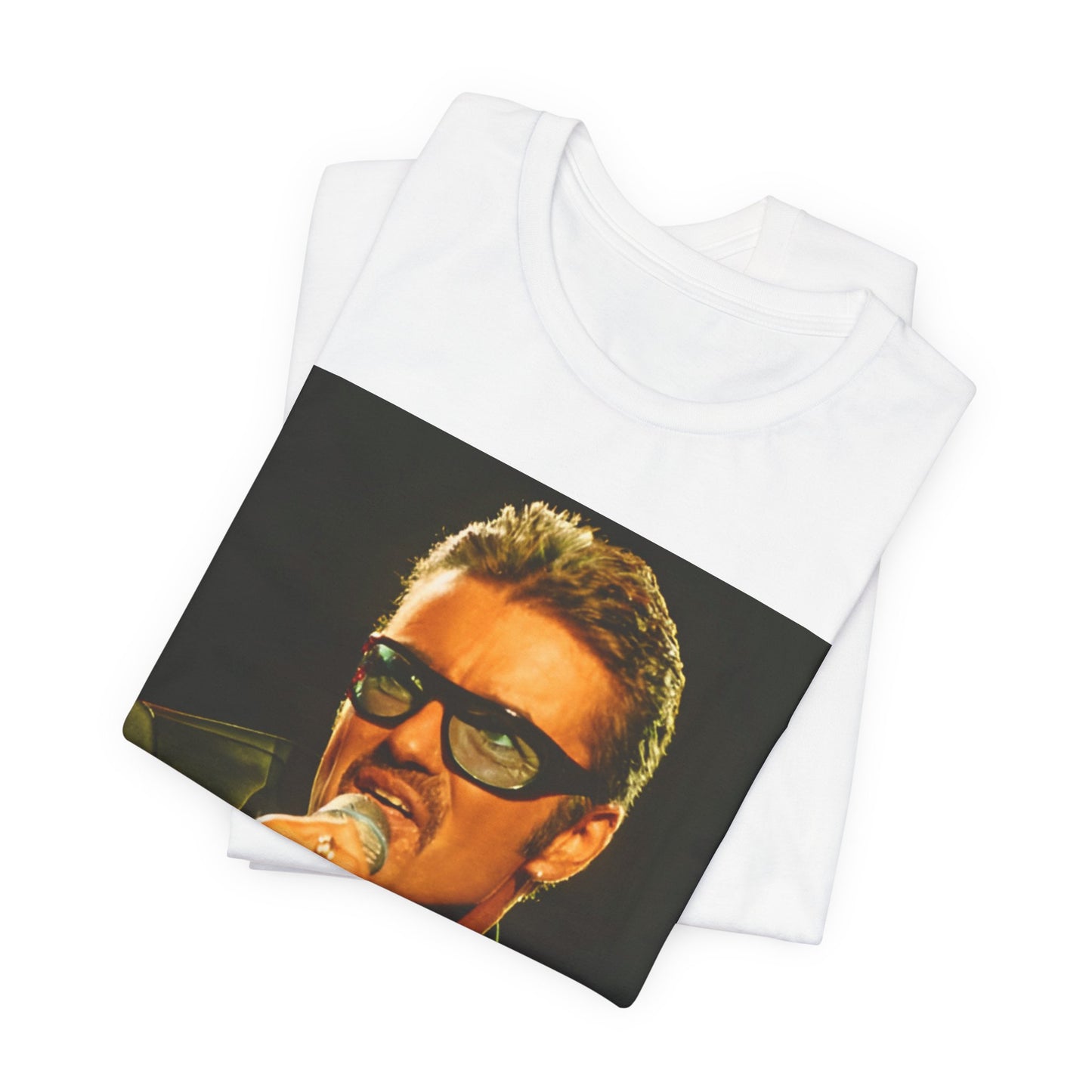 A black graphic t-shirt featuring a graphic related to George Michael's 'Freedom! '90' song.