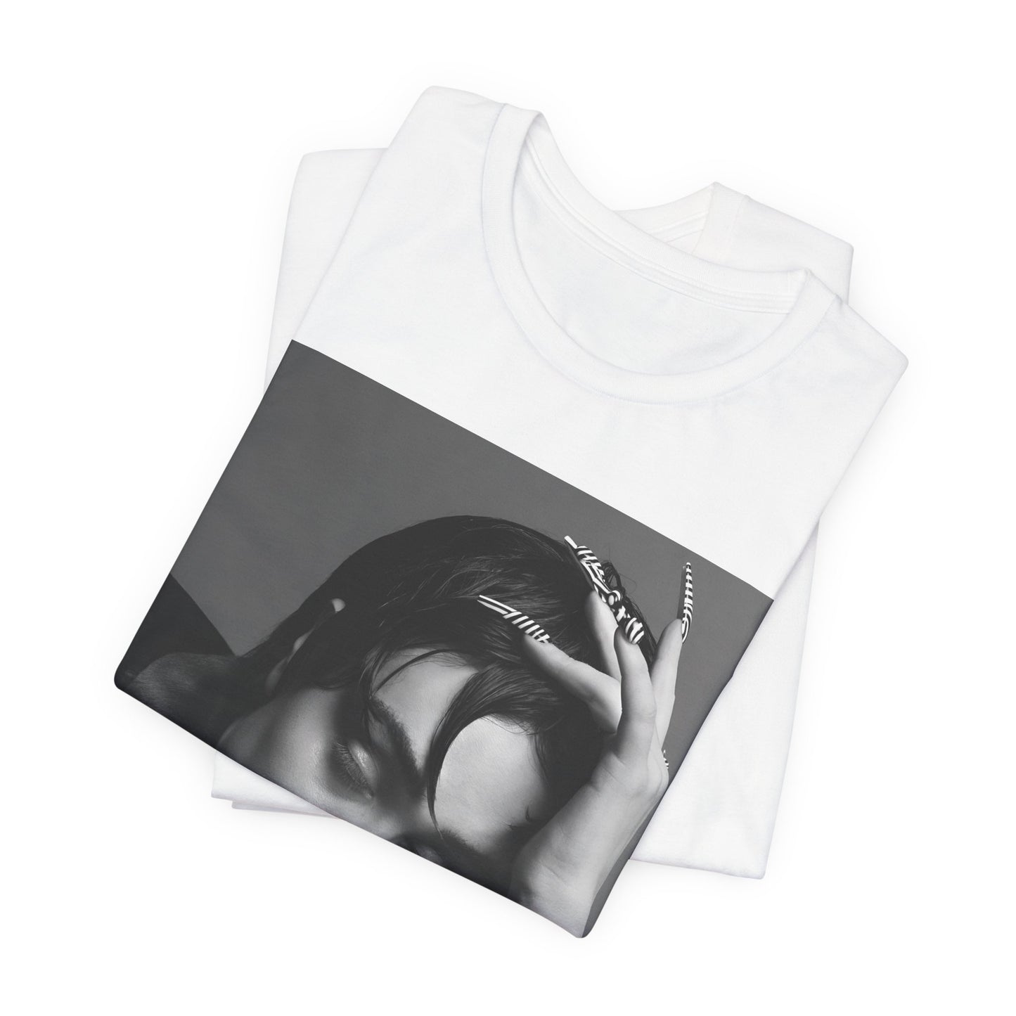 A black graphic t-shirt featuring a black and white graphic of Chappell Roan as a queer pop icon.