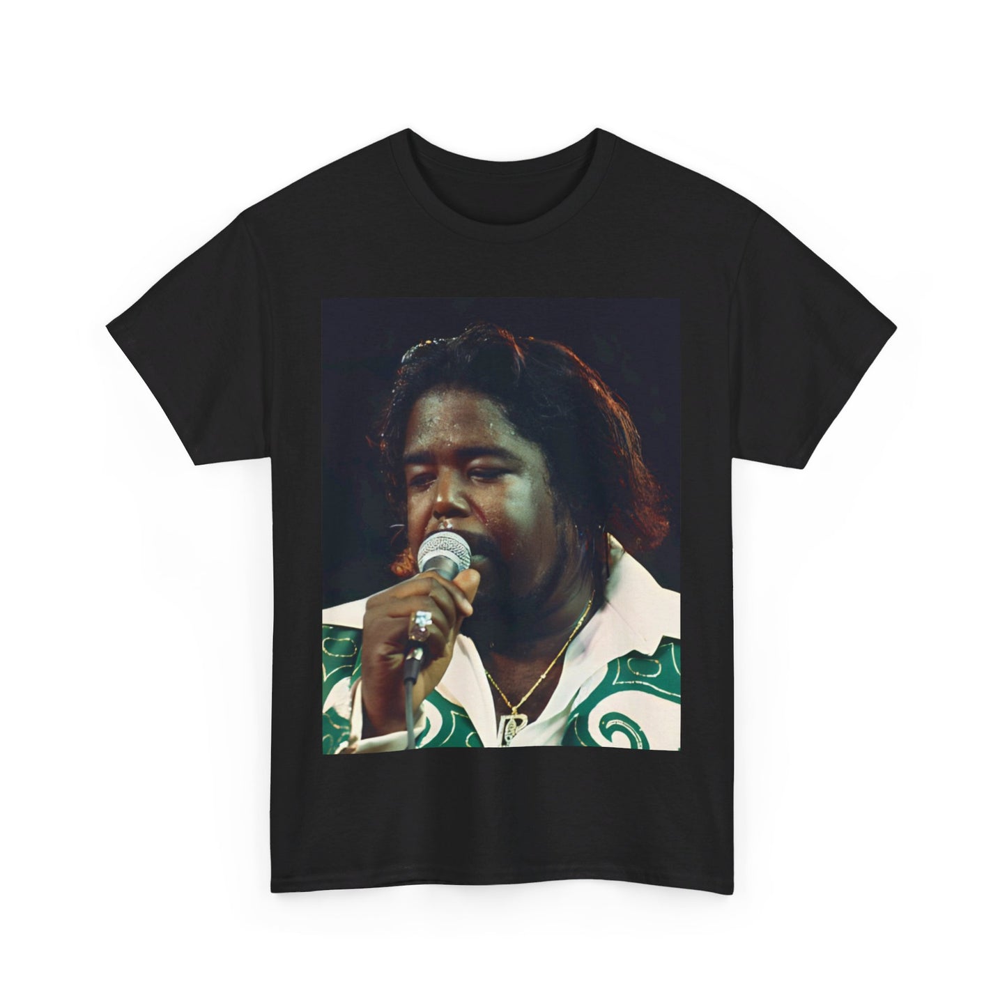 A black graphic t-shirt featuring a graphic or photo of Barry White from the 1970s disco era, possibly performing in concert.
