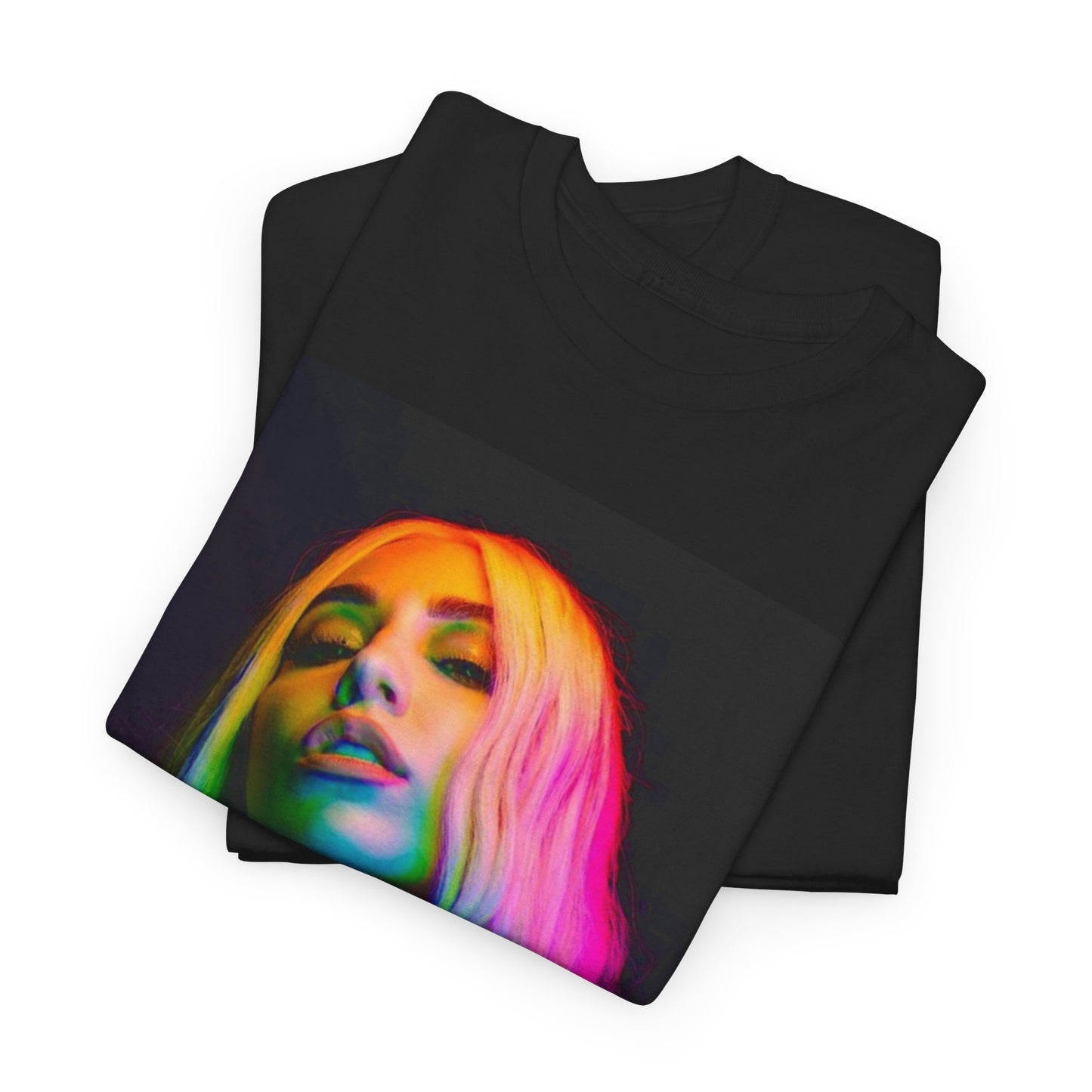 A black graphic t-shirt featuring a graphic of Ava Max with a rainbow or colorful glow effect around her.