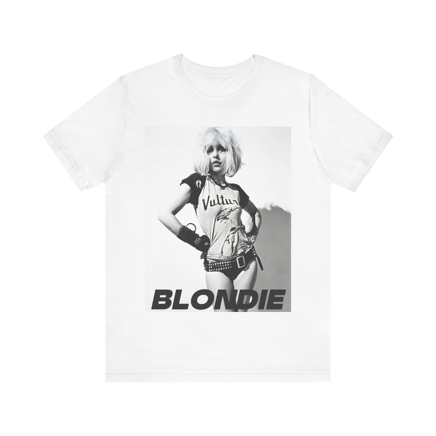 A black graphic t-shirt featuring a 70s punk graphic for Blondie, possibly with a 'vulture' motif or raw, edgy artwork.