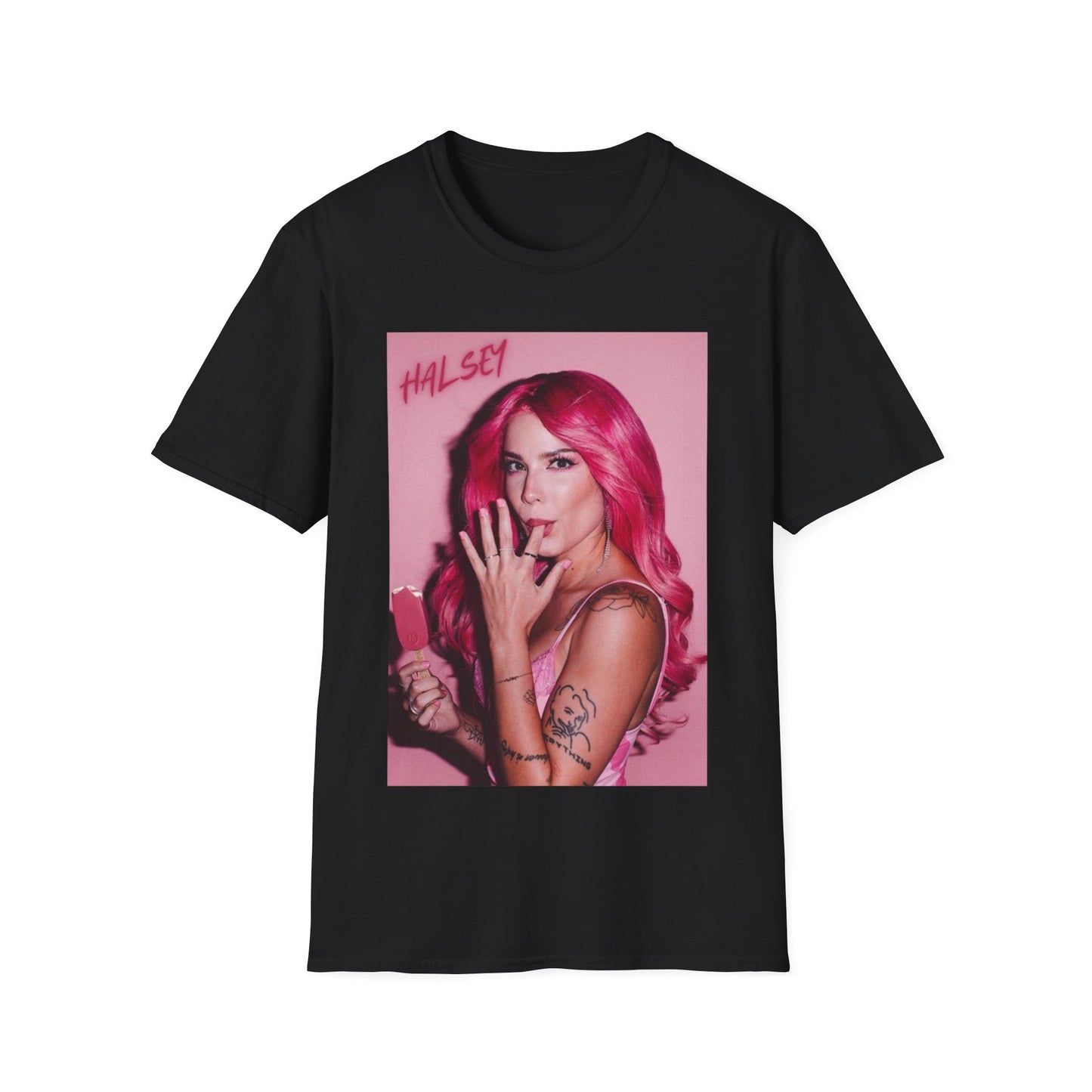 A black graphic t-shirt featuring a photo of Halsey with neon pink hair.
